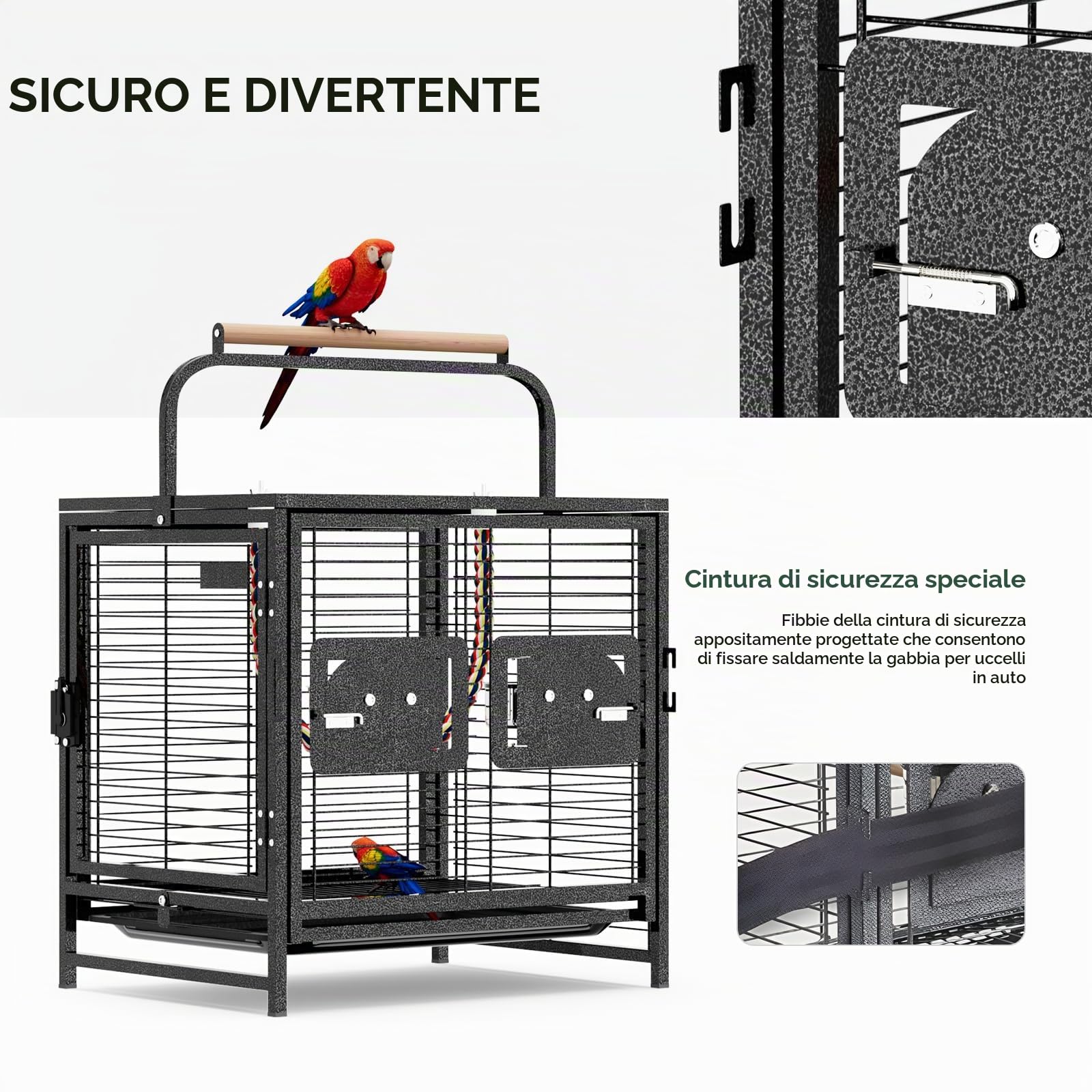 LEADZM Gabbia per uccelli per pappagalli, portatile, con manico in legno, robusta gabbia in ferro con vasca rimovibile, 65 x 48 x 37 cm