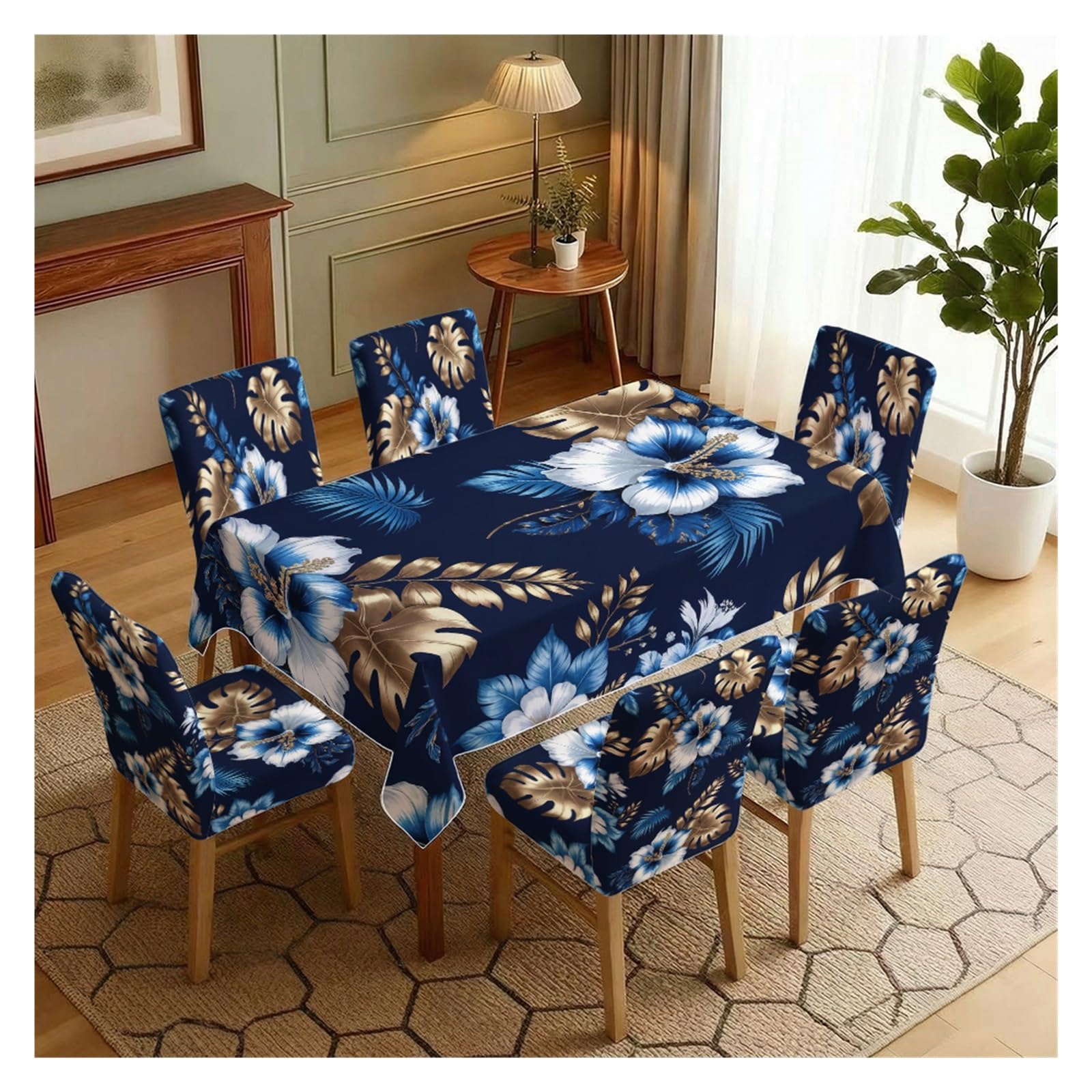 KXUAUV Navy Blue Tropical Floral Print Tablecloth & Chair Covers Set, Slipcovers For Dining Room, Kitchen, Beach & Party Decor, 5/7 Pack Party Decor(7pcs Set: Tablecloth+Chair Covers)