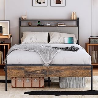 Redlife Full Size Platform Bed, Full Bed Frame with 2-Tier Storage Headboard, Metal Platform Beds for Adults Bedroom Apartment, with Charging Station, No Box Spring Needed, Easy Assembly