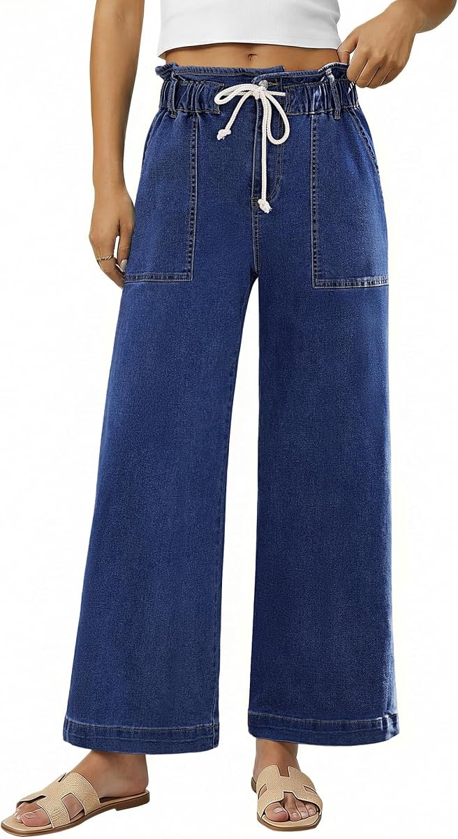 luvamia Wide Leg Jeans for Women Trendy High Waisted Elastic Waist Paperbag Drawstring Stretchy Denim Pants Trouser Jeans