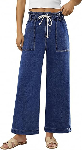 luvamia Wide Leg Jeans for Women Trendy High Waisted Elastic Waist Paperbag Drawstring Stretchy Denim Pants Trouser Jeans