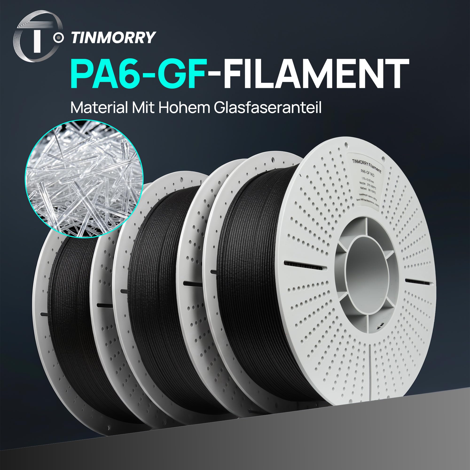 TINMORRY Filament PA6-GF 1,75 mm, filament nylon imprimante 3D 1 kg, Noir