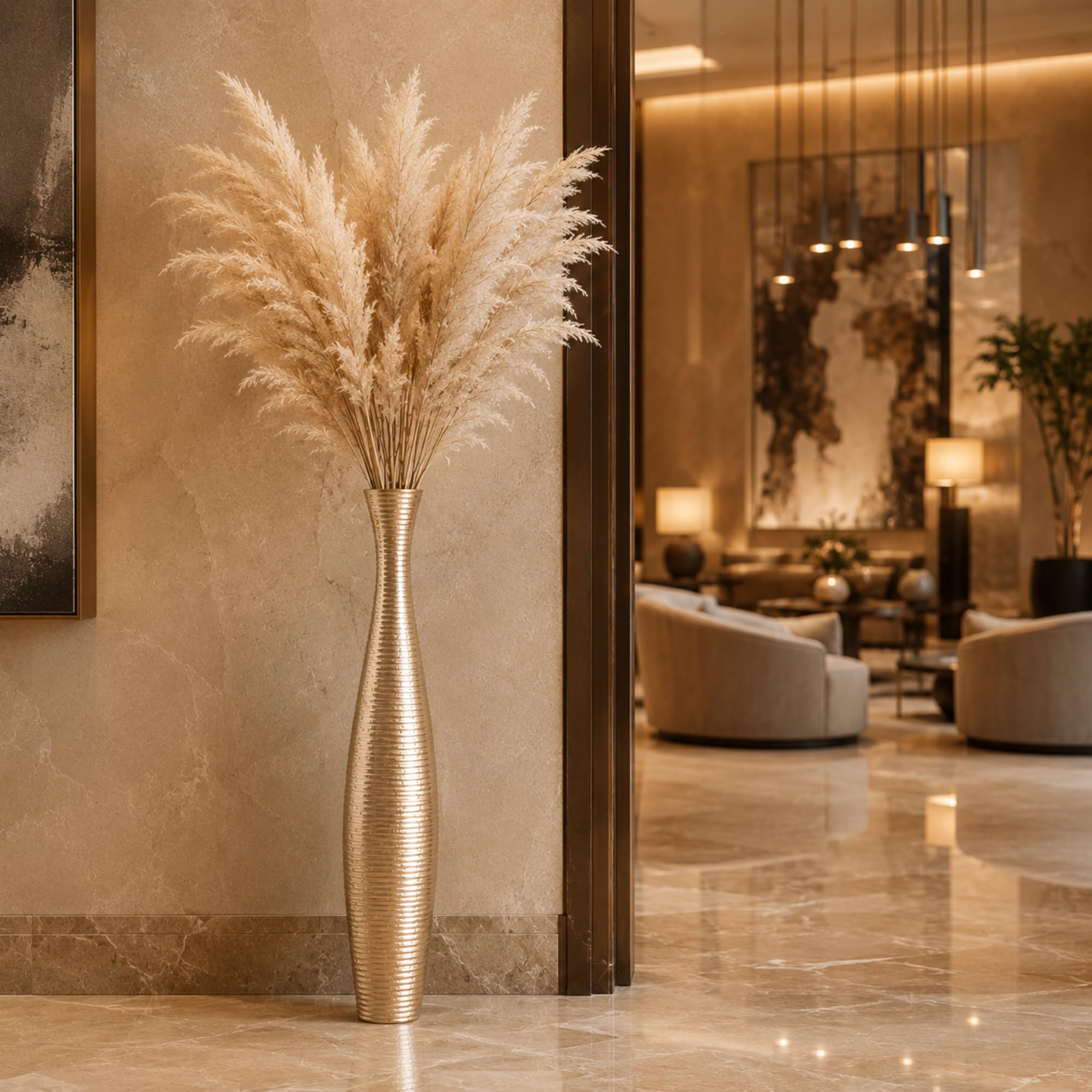 Leewadee Jarrón de Suelo Grande 85 cm Madera de Mango Pampa & Flores Secas | Jarrón Deco para Salón, para Ramas & Hierbas Secas. Más resistente que la Cerámica, sin Agua. Boho