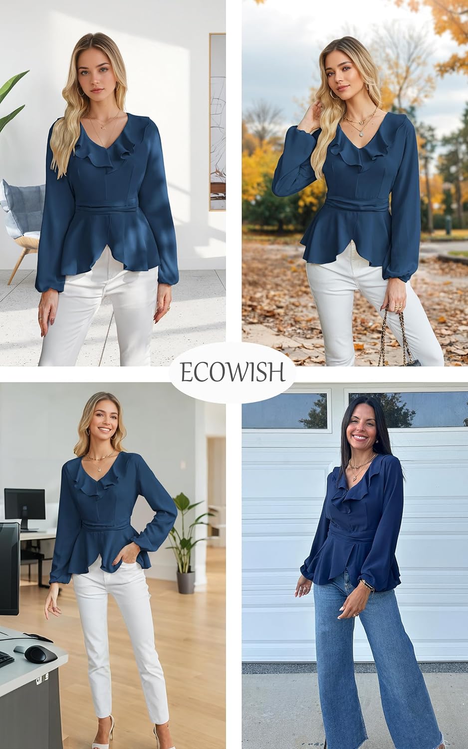 ECOWISH Women Dressy Ruffle Blouse: 2025 Long Sleeve Peplum Work Shirts Elegant V Neck Smocked Waist Business Casual Tops - Image 6