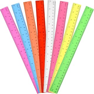Clear Plastic Straight Ruler, 12 Inch, Bulk Assorted Colors, Shatterproof with Inches and Centimeters for School, Home, or Office (8 Pack)