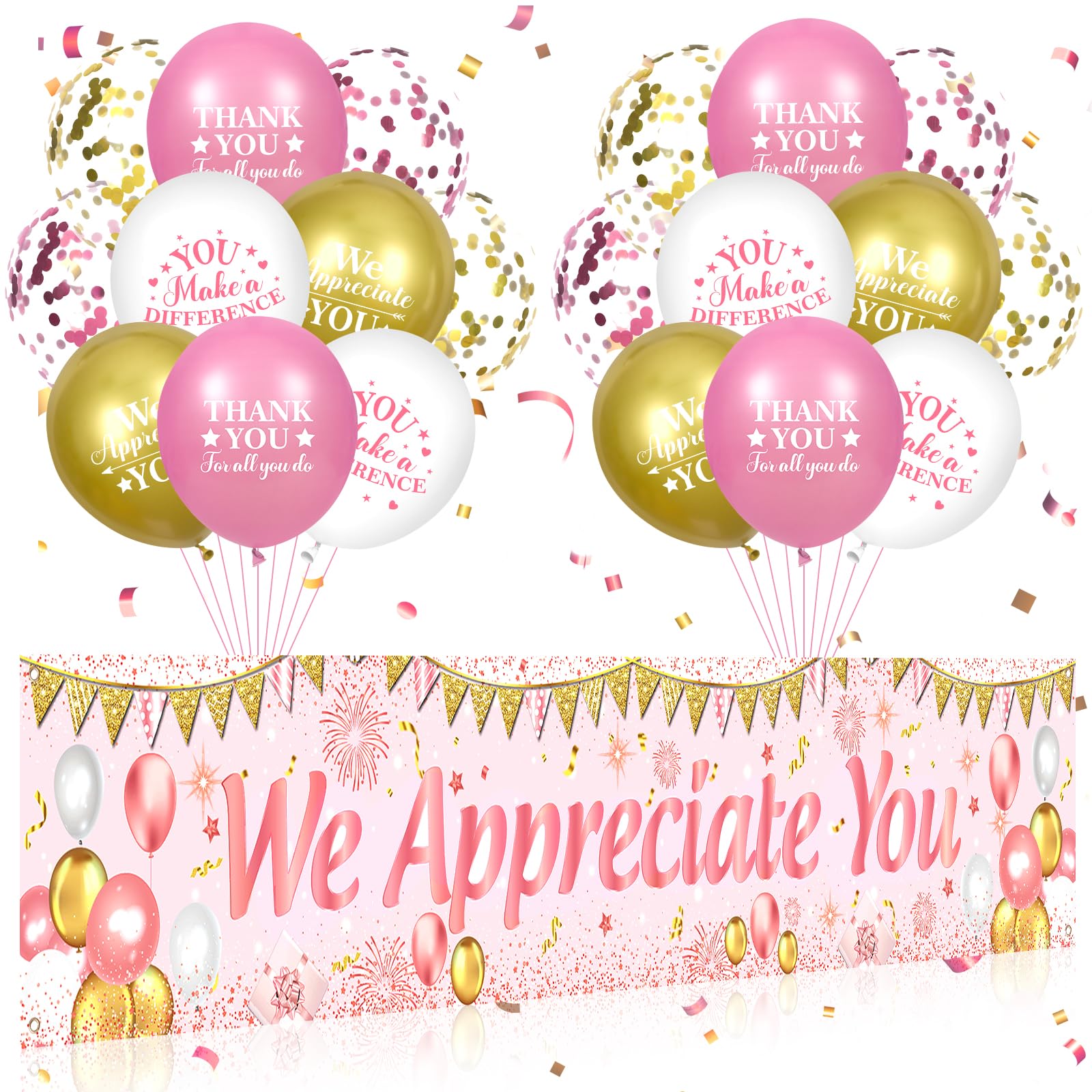 We Appreciate You Decorations Pink Gold Appreciate You Banner Yard Sign with 18 Pcs Balloons Thank You for All You Do Banner Employee Staff