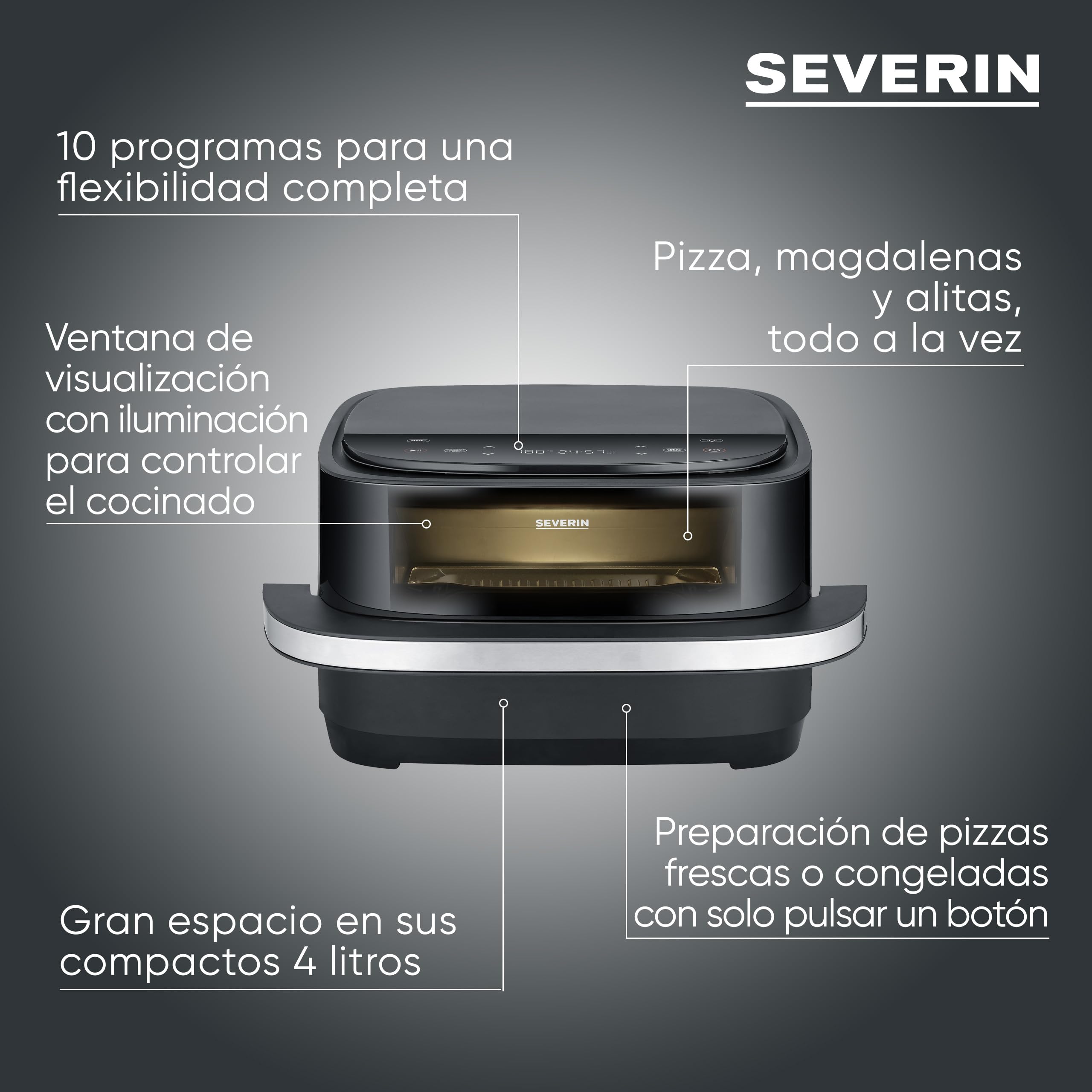SEVERIN Freidora de aire S-Fry Pizza & More, 10 programas automáticos para pizza y más, distribución óptima del calor, forma extraancha, ventana de visualización, 4 l, 2100 W, negro, plateado, FR 2464