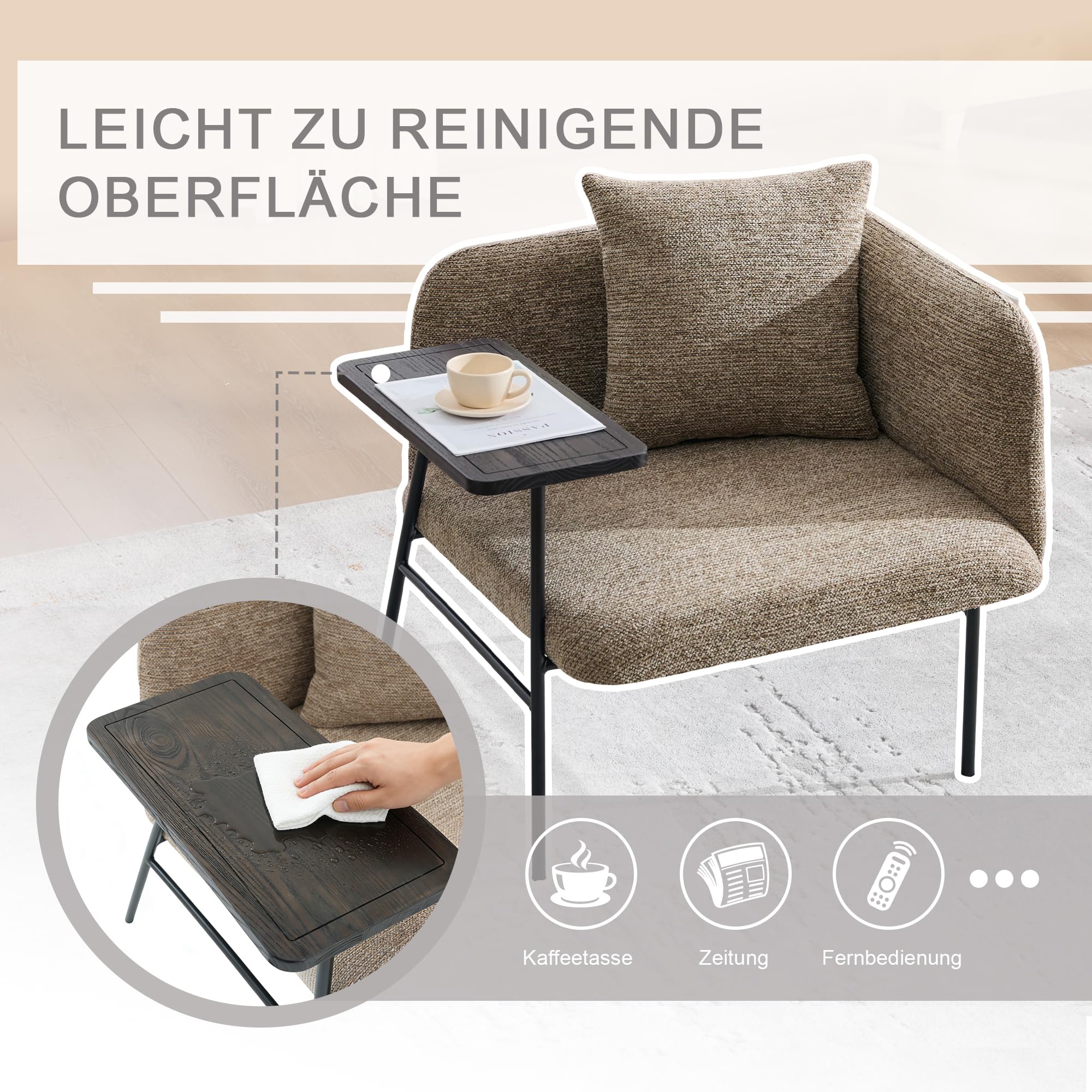 Poltrona relax imbottita con tavolino e tasche laterali, in ciniglia, struttura in metallo, poltrona con braccioli, per soggiorno, angolo lettura, ufficio, portata fino a 250 kg, kaki
