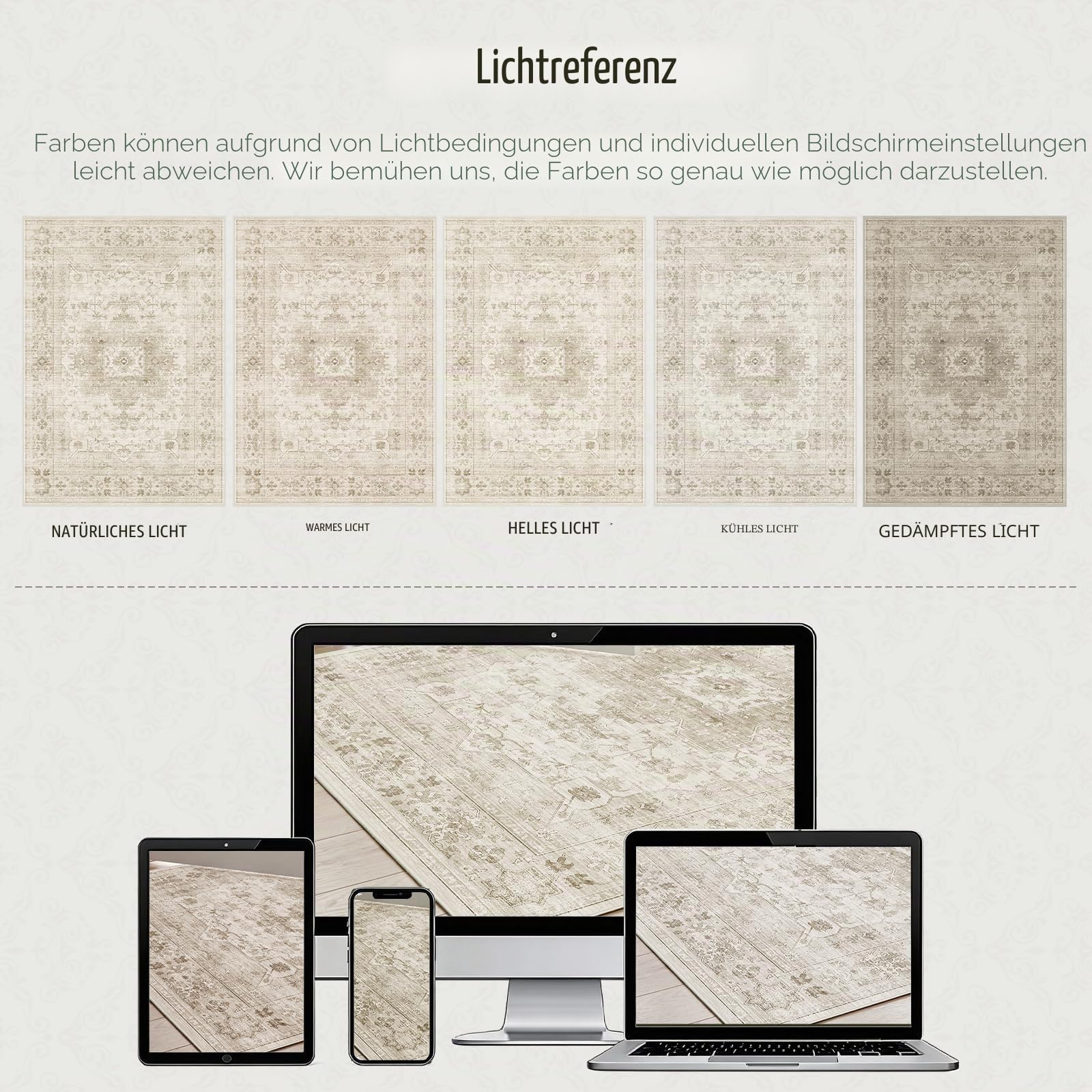 Vintage Teppich Wohnzimmer 240x340cm, Creme Teppich Schlafzimmer | Waschbarer Boho Teppich, Rutschfest Läufer Teppiche, Pflegeleicht Teppich Gegend für küche, Büro, Esszimmer, Flur