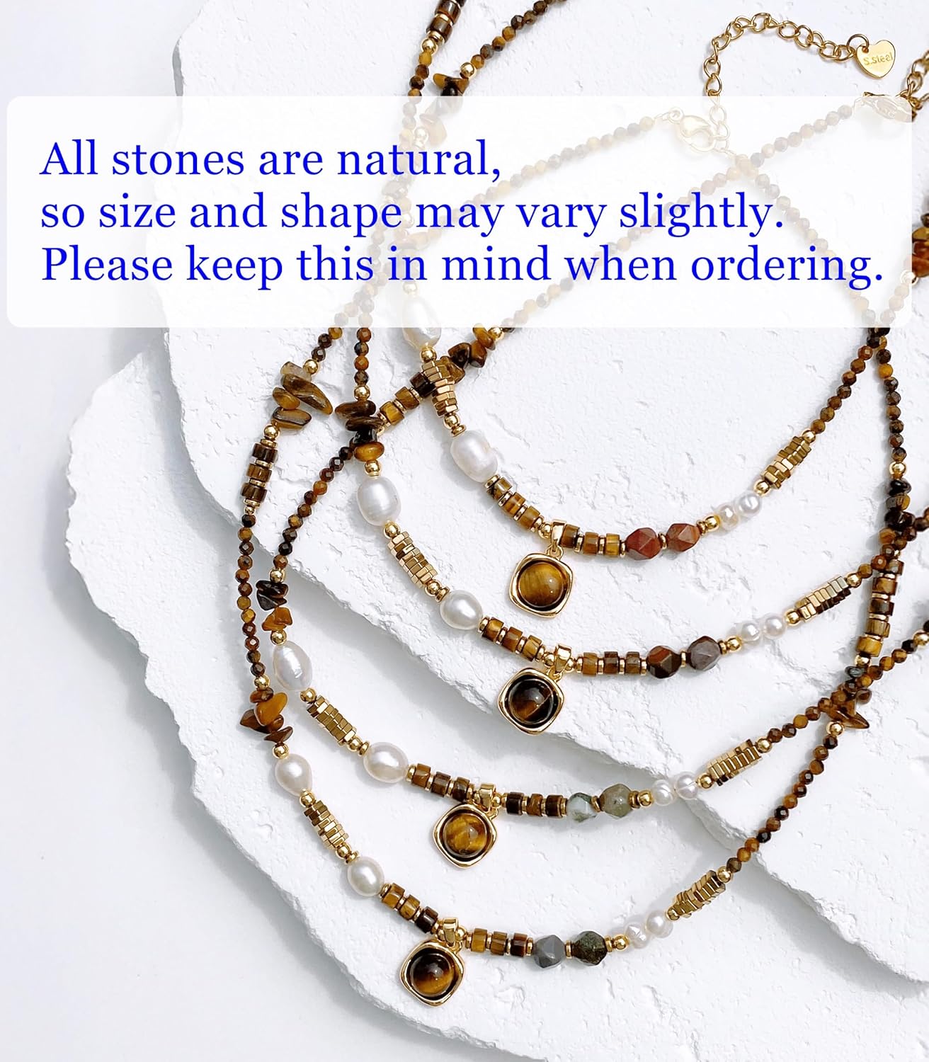 OZEL JEWELRY & GIFT - Gold-Plated Stainless Steel Necklace for Women, Tiger Eye Pendant & Freshwater Pearl Beaded, Adjustable Length with Slide Detail, Handcrafted Jewelry