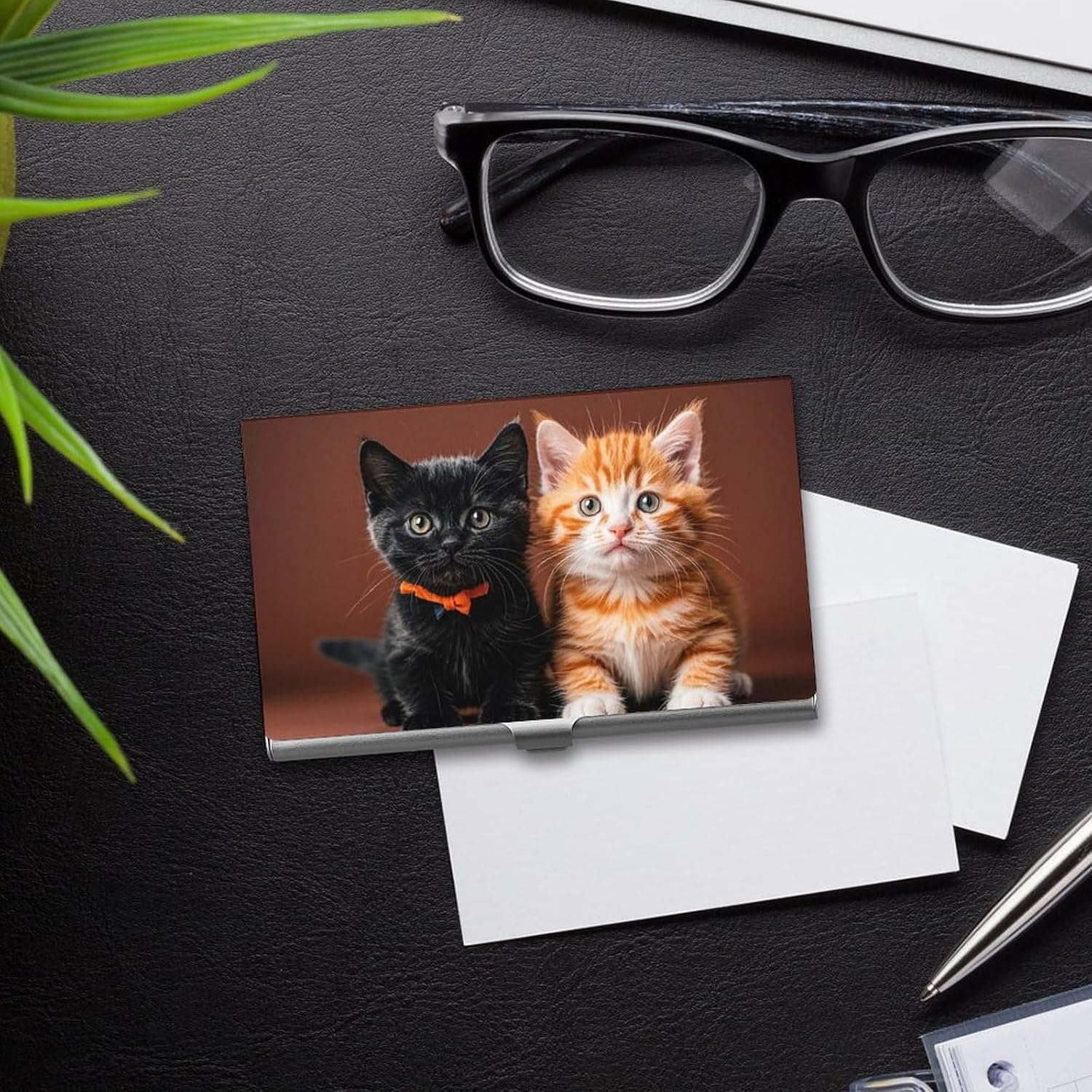 Cute Kitten Black And Orange Cat Business Card Case for Women Or Men Snaps Closed Portable Name Holder Credit Card Holder for Business Meeting Use