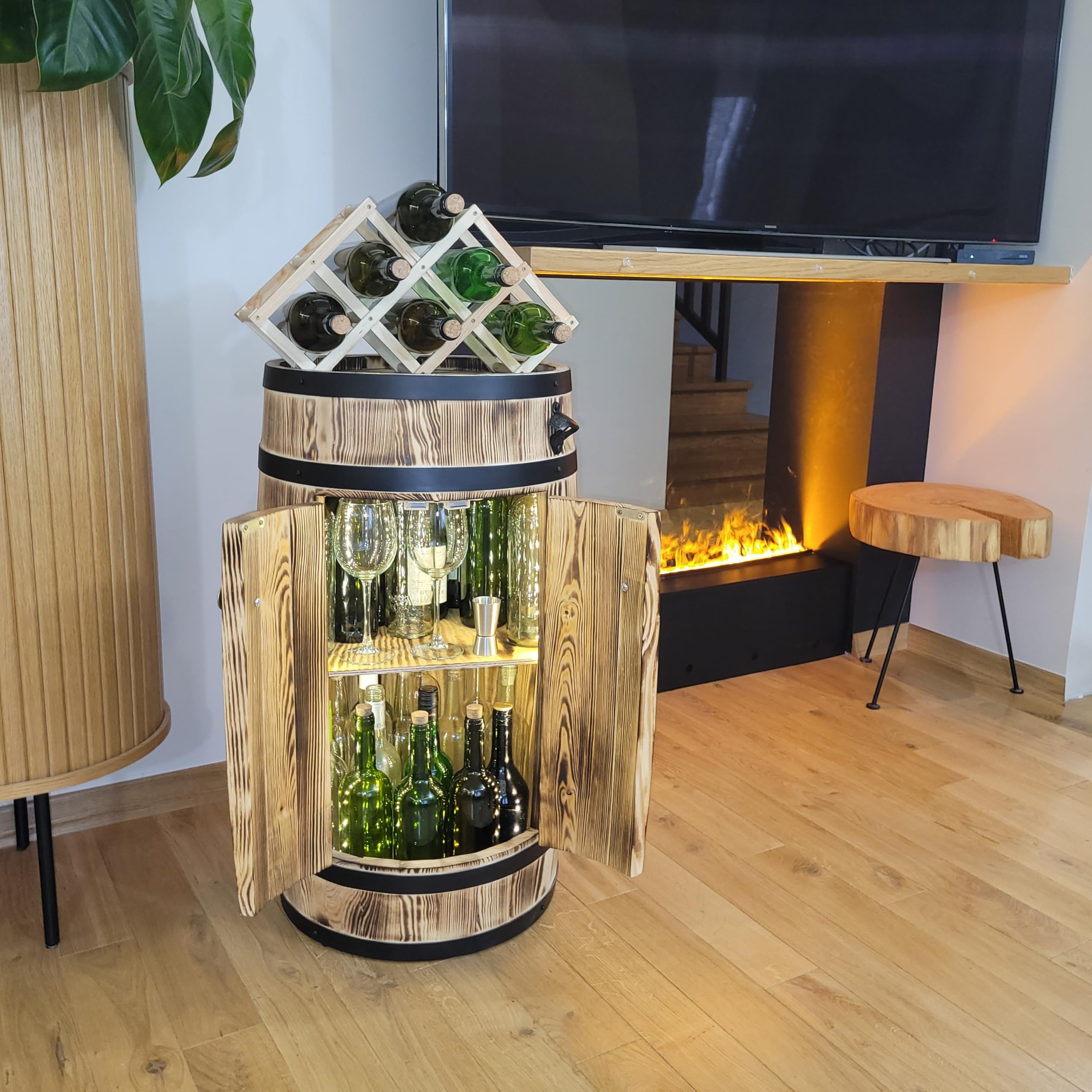 weeco Barril de madera con puertas, bar con iluminación LED, funciona con pilas, soporte para botellas de vino plegable, armario rústico para botellas de alcohol, 80 x 50 x 44 cm
