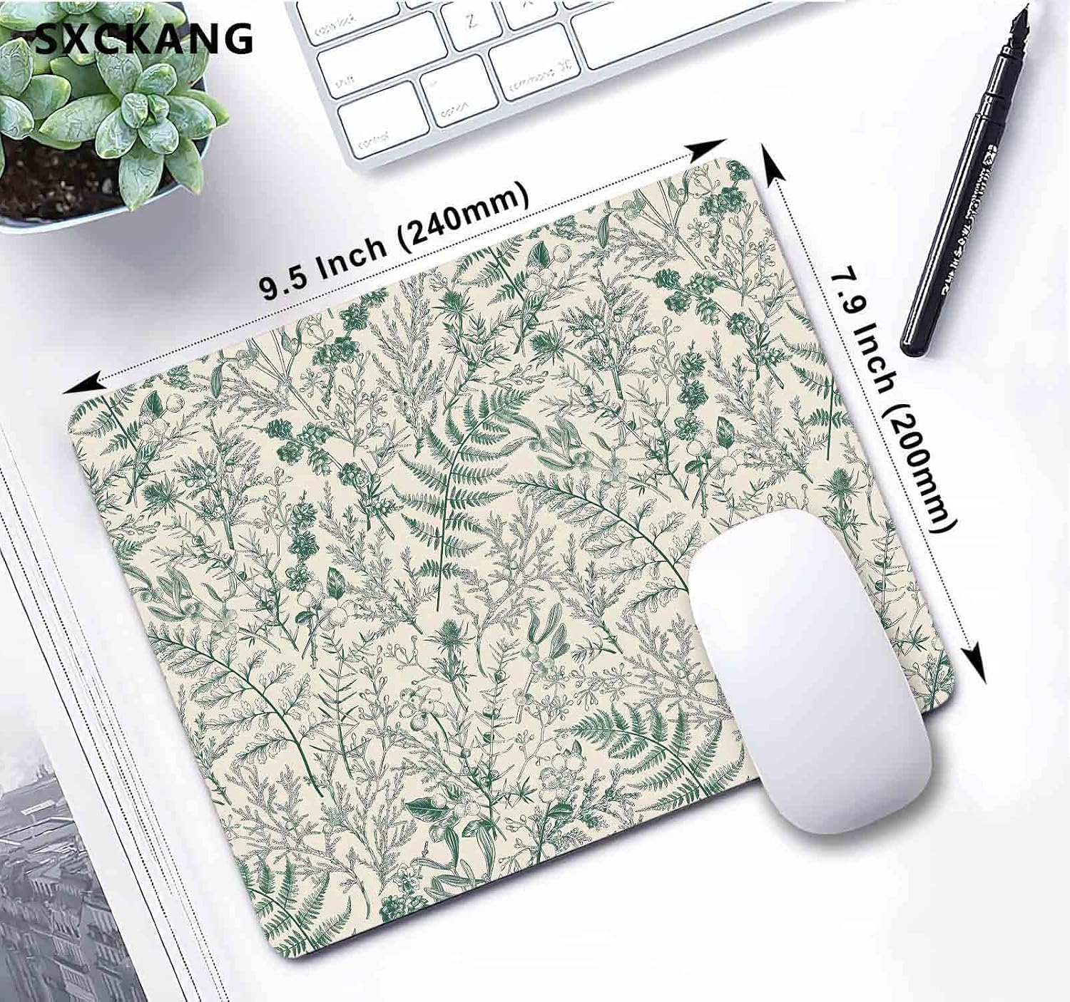 Vintage Botanical Coniferous Branches Mouse Pad, Wild Herbs Plant Mousepad, Square Cute Mouse Pad Design for Office Work, Non-Slip Rubber Gaming Mouse Mat for Computer Laptop, Leaves Aesthetic image 5