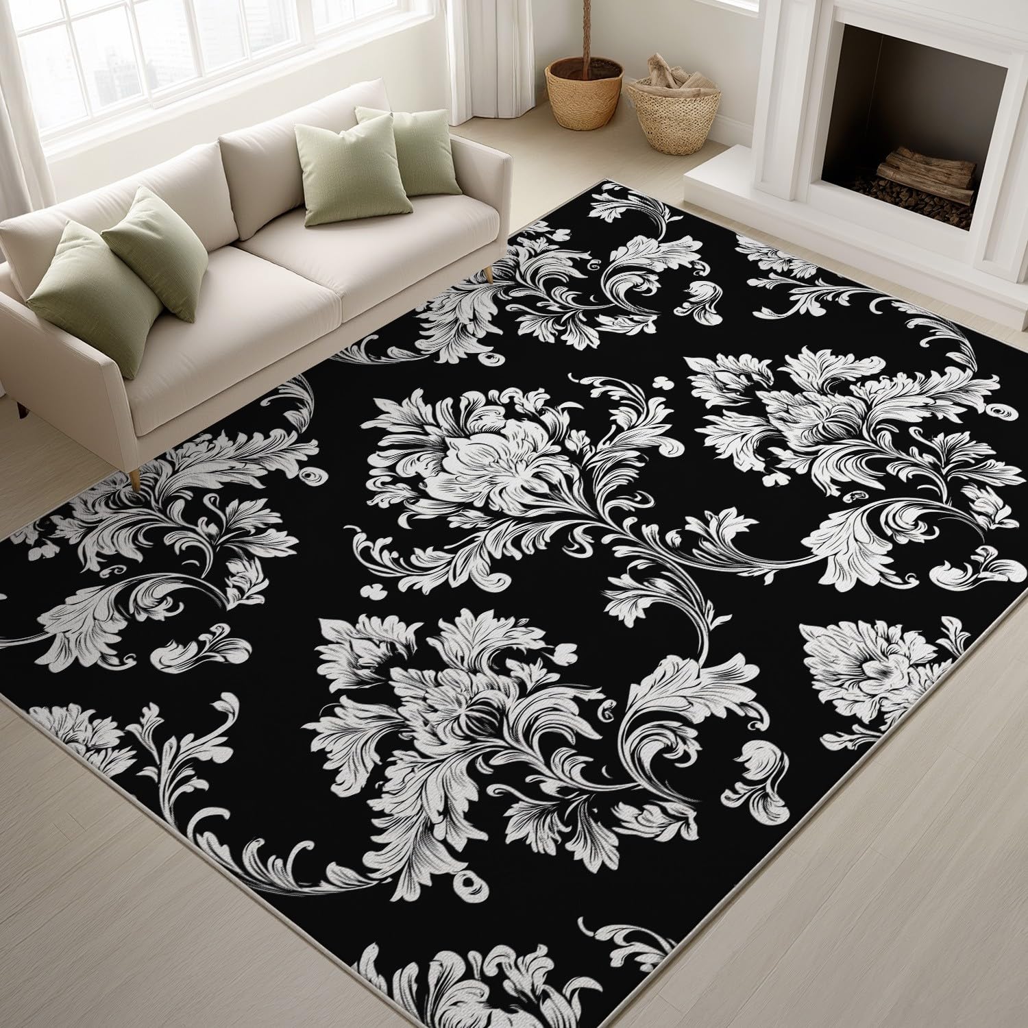 Générique Tapis Moelleux 60 x 90 cm, Extra Epais Tapis Chambre Antidérapant Lavable en Machine, Rétro Motifs Floraux Luxe Floral pour Interieur, Salle à Manger, Noir-Blanc