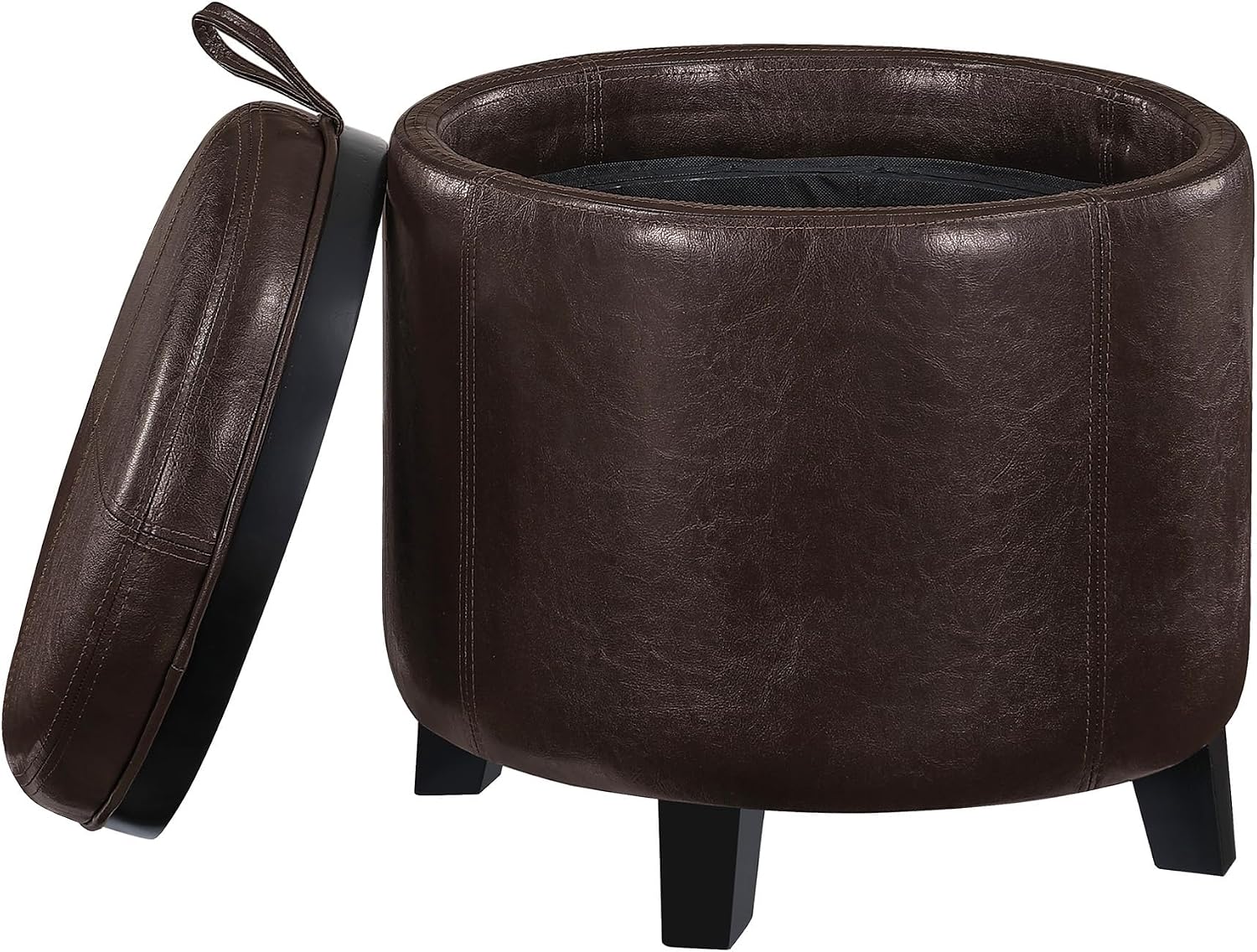 Convenience Concepts Designs4Comfort Oscar Accent Storage Ottoman 19" - Round Modern Upholstered Foot Stool and Small Tray Table for Living Room, Storage Ottoman Seat, Espresso Vegan Leather