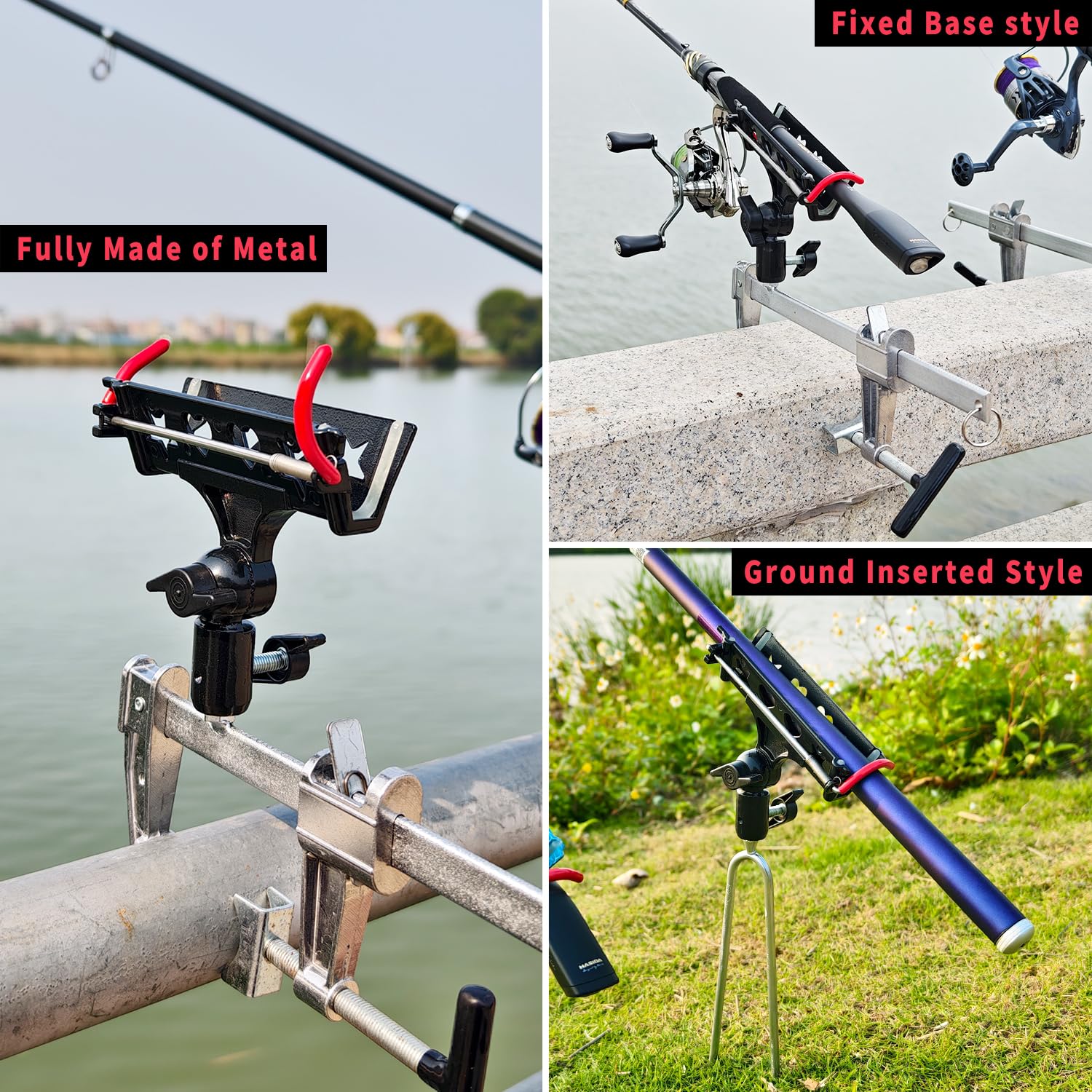 Rutenhalter für Angelboot & Angelrutenhalter für Boden, Rutenhalter für Bankangeln, Angelrutenhalter mit vergrößerter Klemme und Erdspieß, passend für runde/quadratische Rohrgeländer und alle Arten