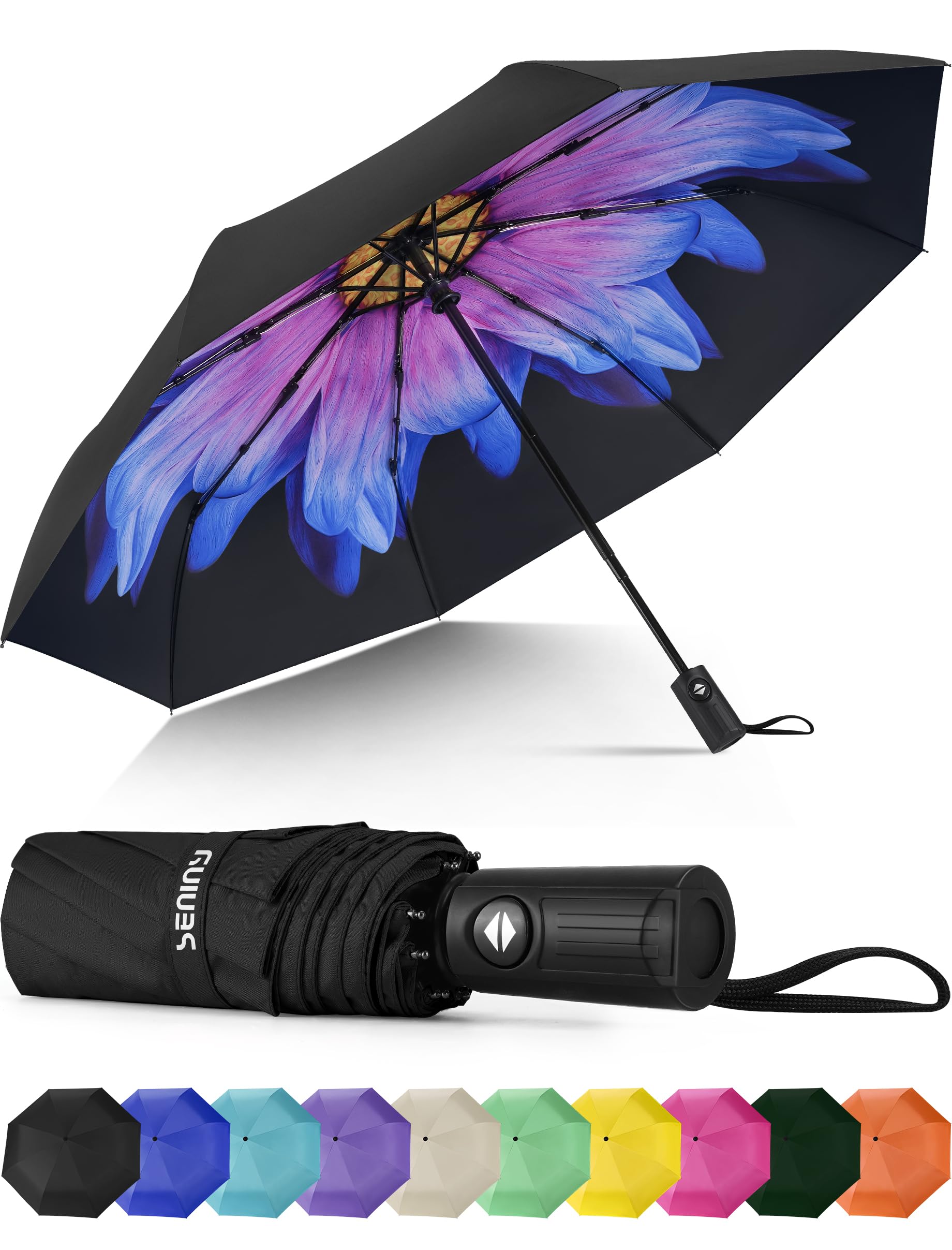 SeninyWindproof Travel Umbrella, Automatic Umbrellas for Rain, Portable & Compact Umbrellas for Backpack, Strong UV for Protection, Folding Small Sun Umbrella for Car, Walking