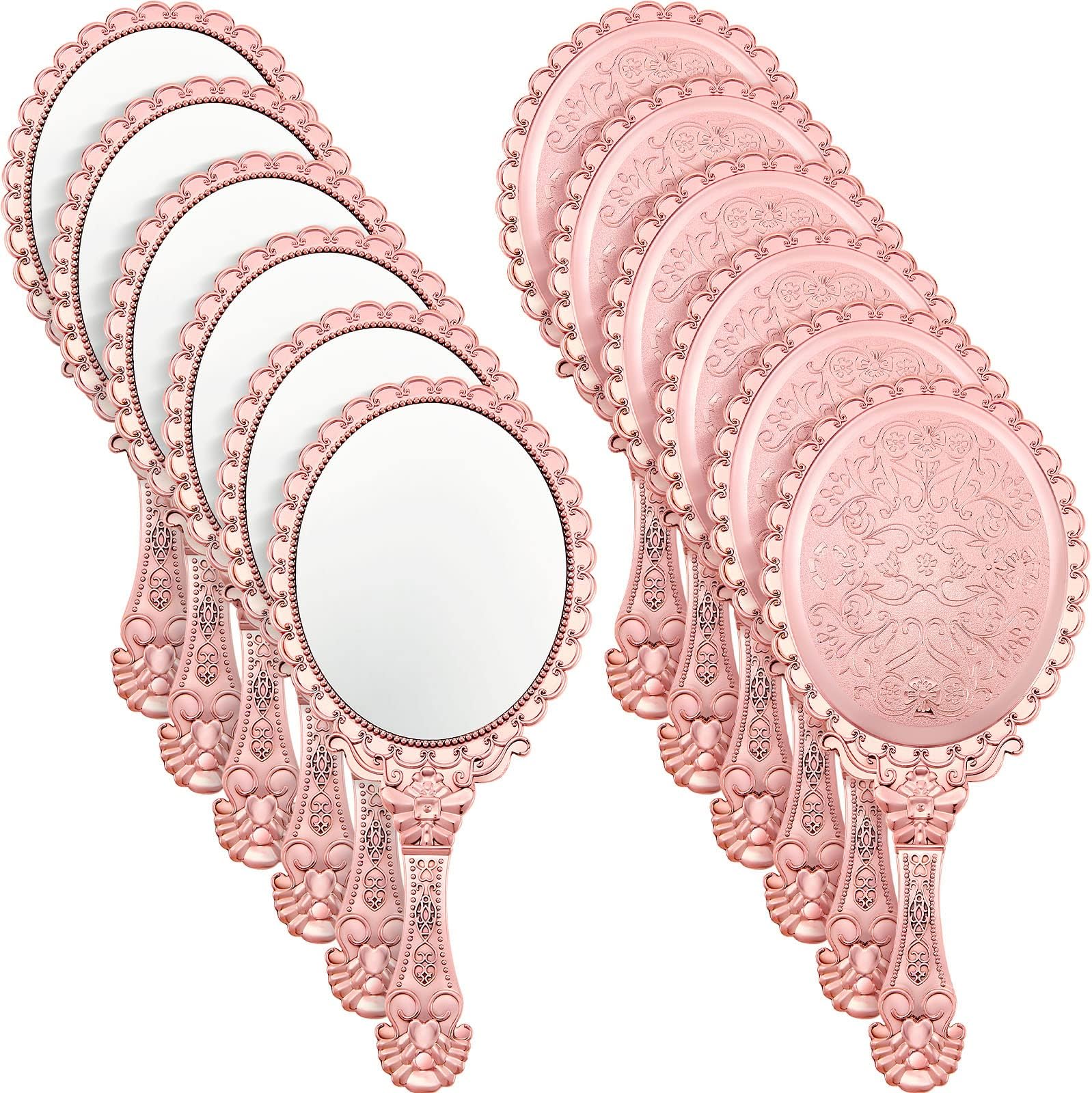 Qunclay Vintage Handheld Mirror Embossed Portable Hand Mirror with Handle for Small Compact Travel Makeup(Rose Gold,12 Pcs)