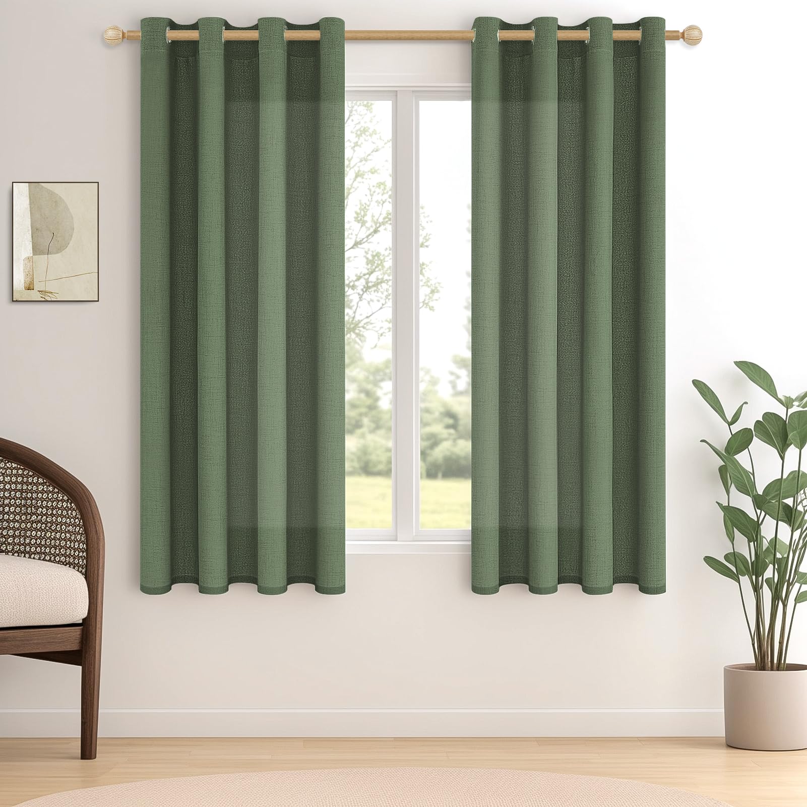MRTREES Short Curtains for Bedroom Windows 2 Pieces, 140x145 CM, Semi-Transparent Linen Curtains for Kitchen Living Room Sitting Room Children's Room with Eyelets, Olive Green