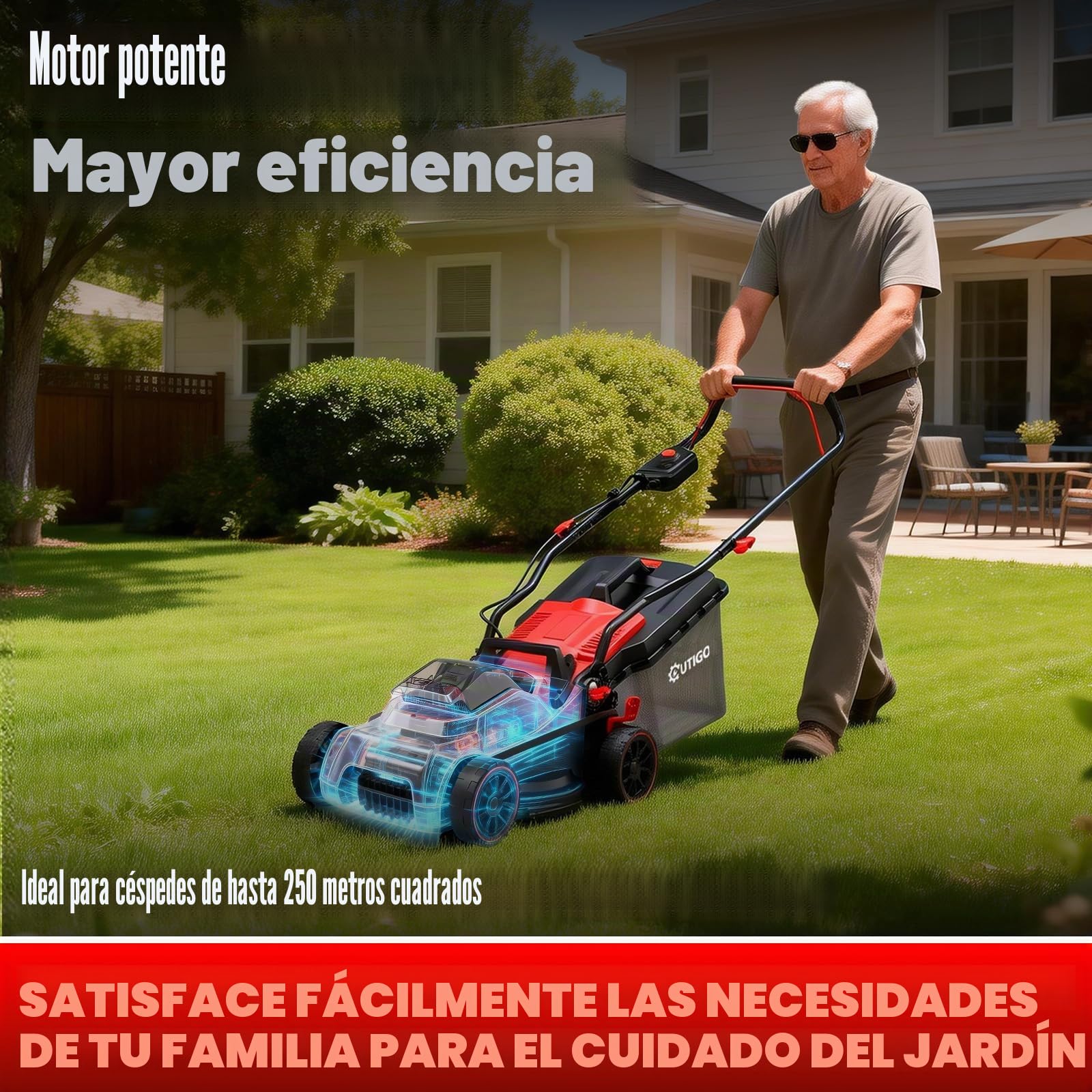 OUTIGO Cortacésped Eléctrico 21V, Batería 5.0Ah Incluida, 33 cm de Ancho de Trabajo, hasta 250 m², 32 L Bolsa recolectora, Altezza Regolabile 25-65 mm