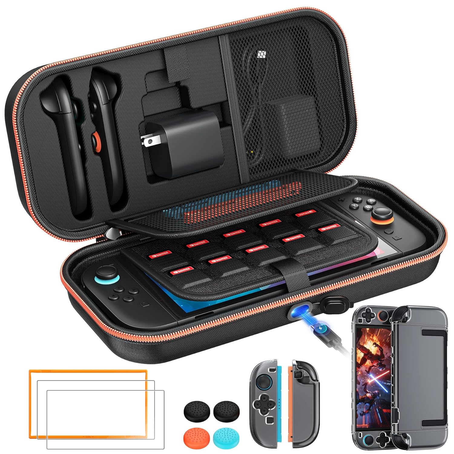 [Charge inside] Carrying Case for Nintendo Switch 2 2025 / Switch OLED with Adapter and for Joy Cons Storage, Travel Case with Clear Protective Case for Switch 2 Console (Black Set)