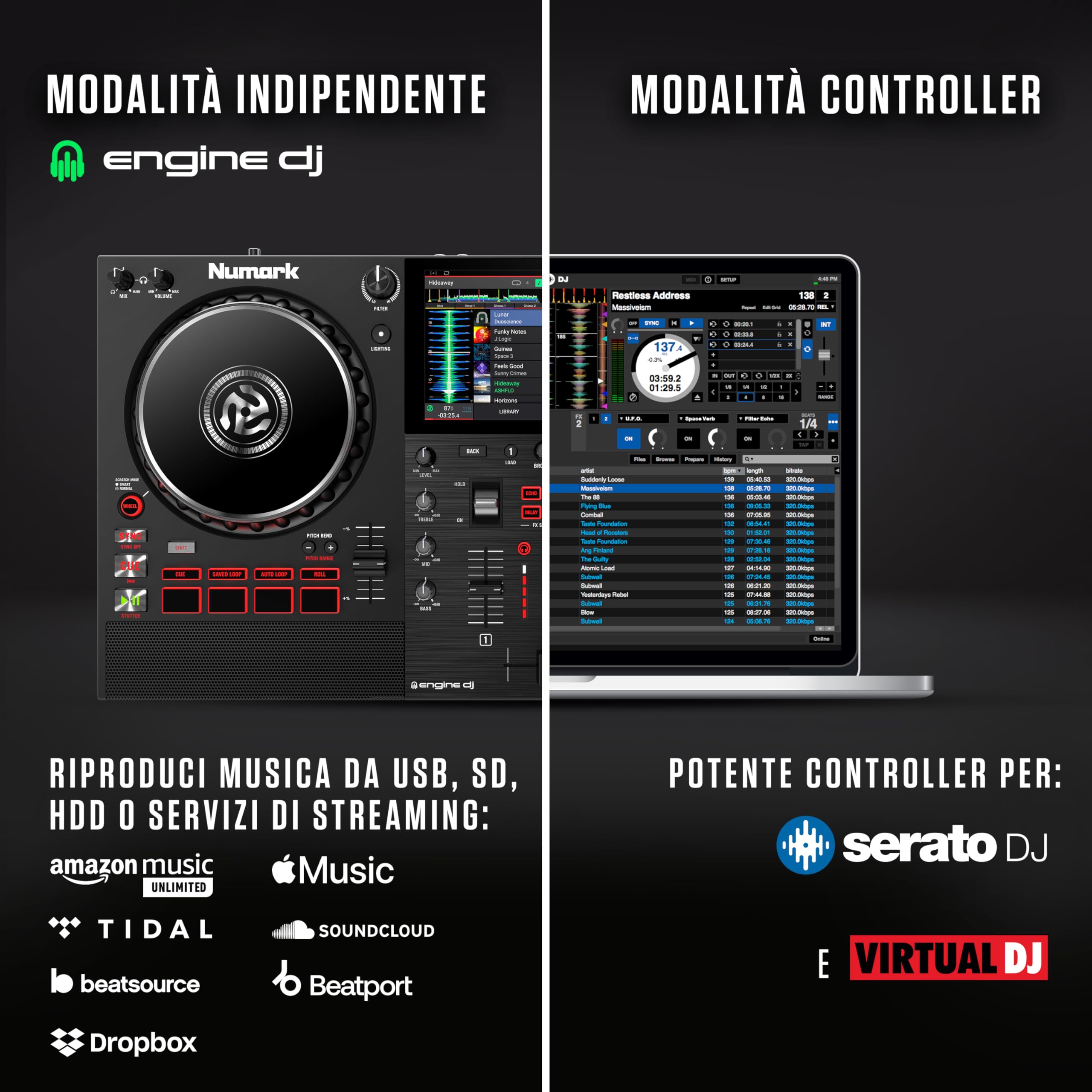 Numark Mixstream Pro+ DJ Controller z separacją stem, 2 deck, Wi-Fi, 7" touchscreen, Serato & Virtual DJ