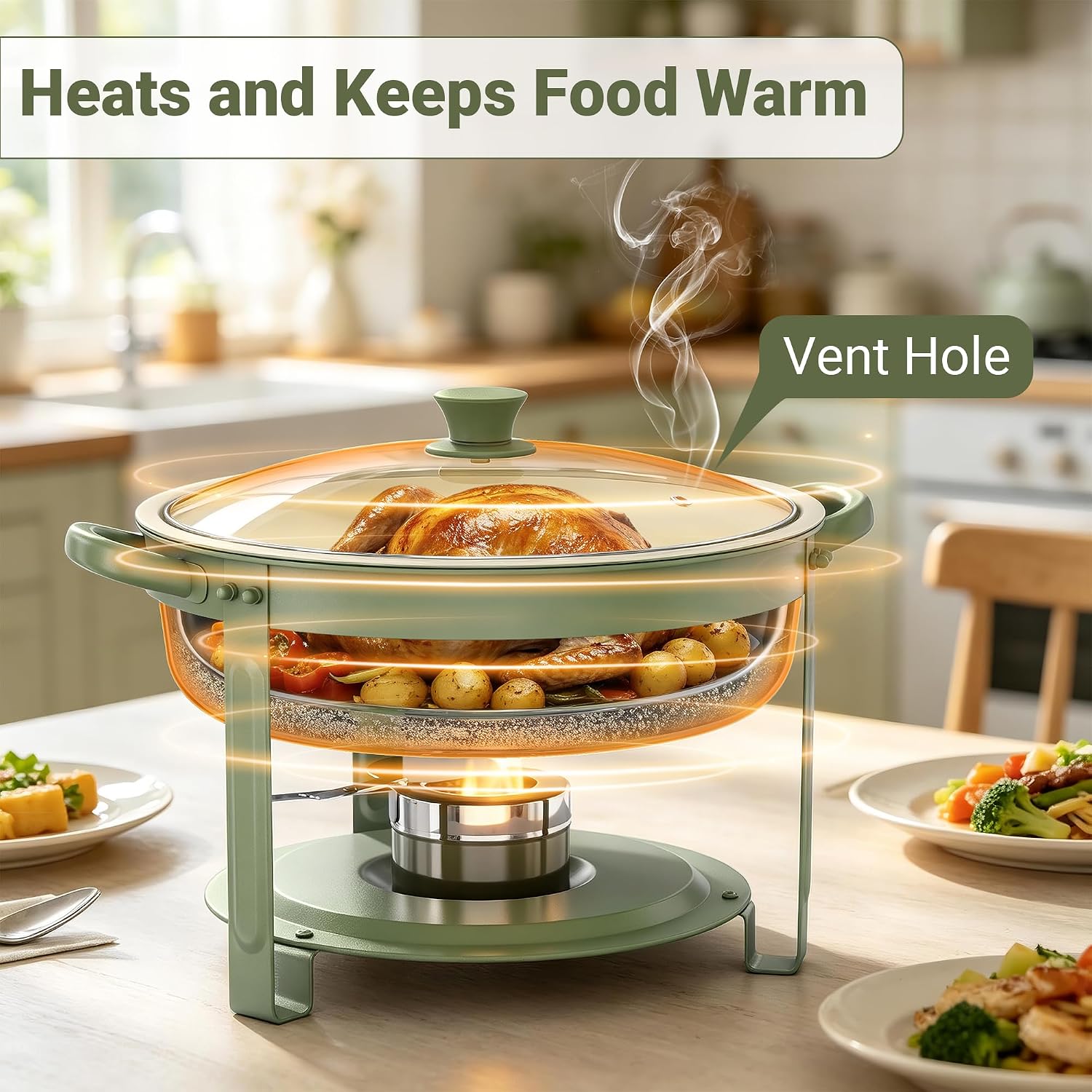 Chafing Dish Buffet Set 2 Pack, 6QT Teflon Coated Food Warmers with Glass Lids, Stainless Steel Round Buffet Servers for Parties, Family Gatherings, Holidays, Sage Green