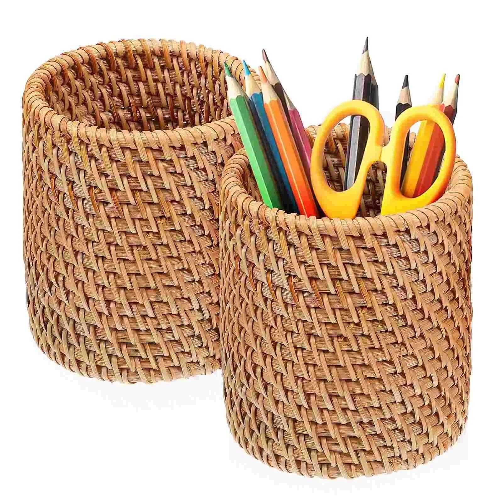 Ropicean 2 Pcs Woven Rattan Pen Holder - Large Capacity Wooden Pencil Pot for Desk Organization