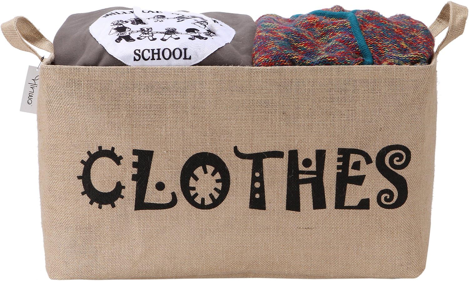 Hinwo 63L Large Capacity Burlap Storage Bin Basket Thickened Linen Jute Fabric Toy Chest Organizer with Handles for Kids Toys Laundry Clothes Nursery Playroom and Shelves, 22 x 15 x 12 (Clothes)