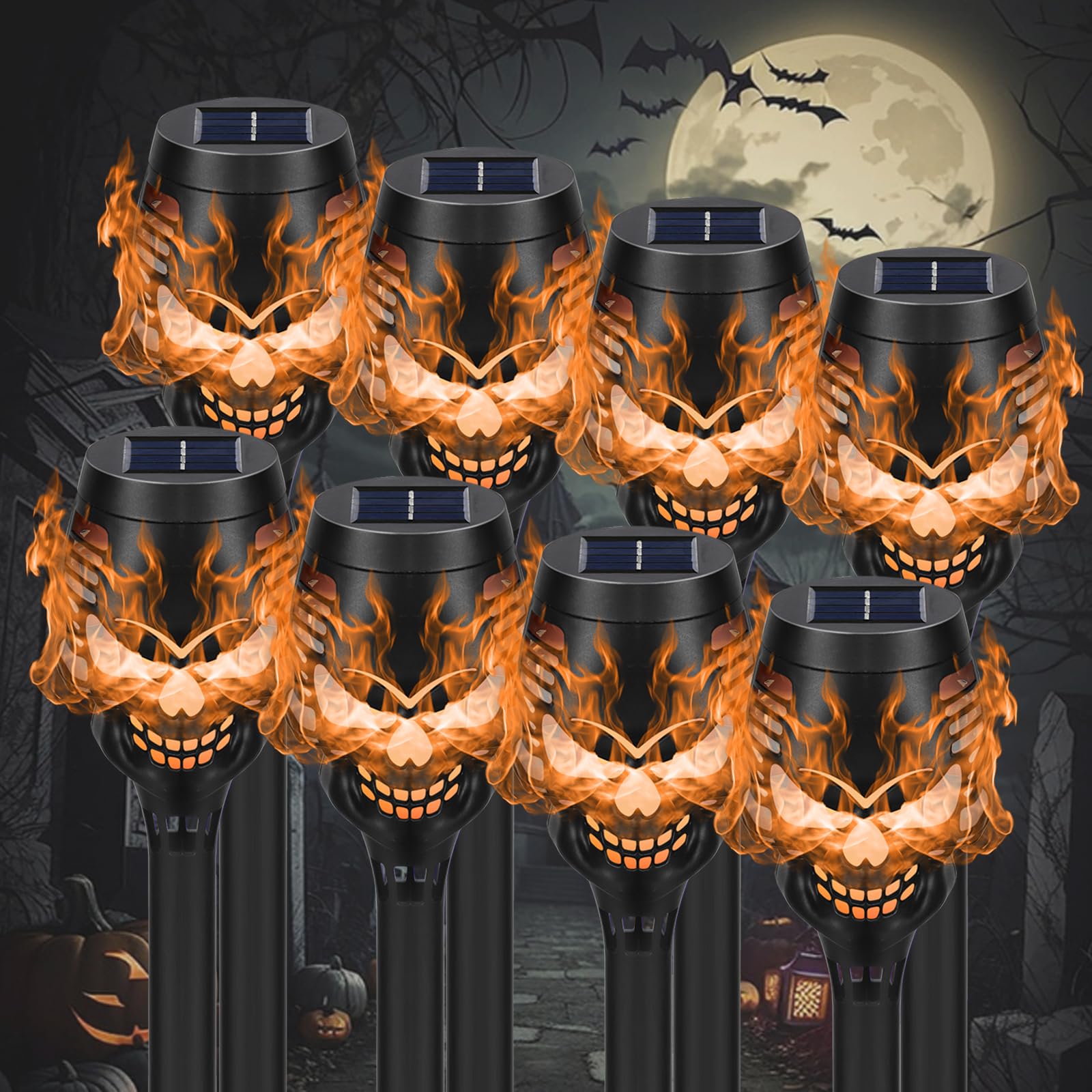 Decorazioni solari di Halloween per esterni, confezione da 8 luci a forma di teschio spettrale, impermeabili, luci di Halloween per giardino, cortile, prato, veranda, decorazione paesaggistica