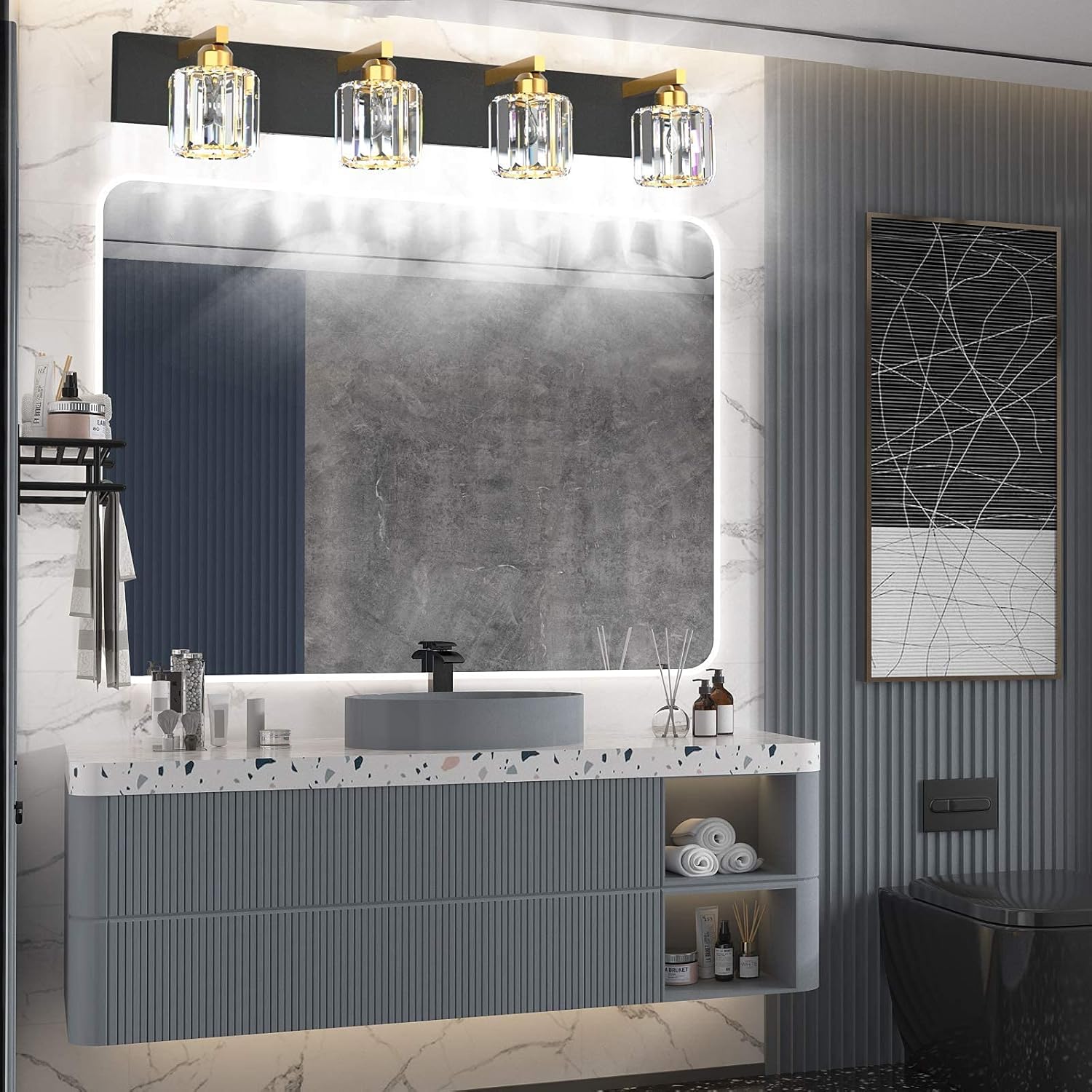 Aipsun Crystal Vanity Light Black Modern Vanity Lighting Fixtures 3 Lights with 4 Lights