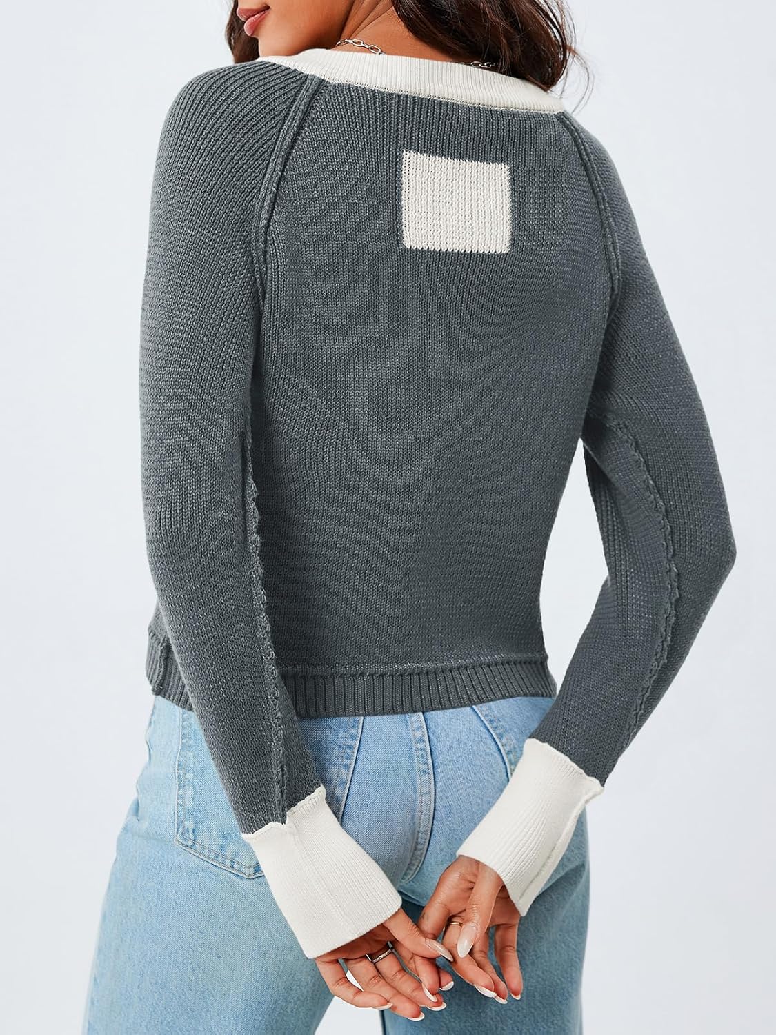 Saodimallsu Womens Cropped Cardigan Sweaters Button Down Open Front Long Sleeve Fall Trendy Color Block Knit Coats - Image 5