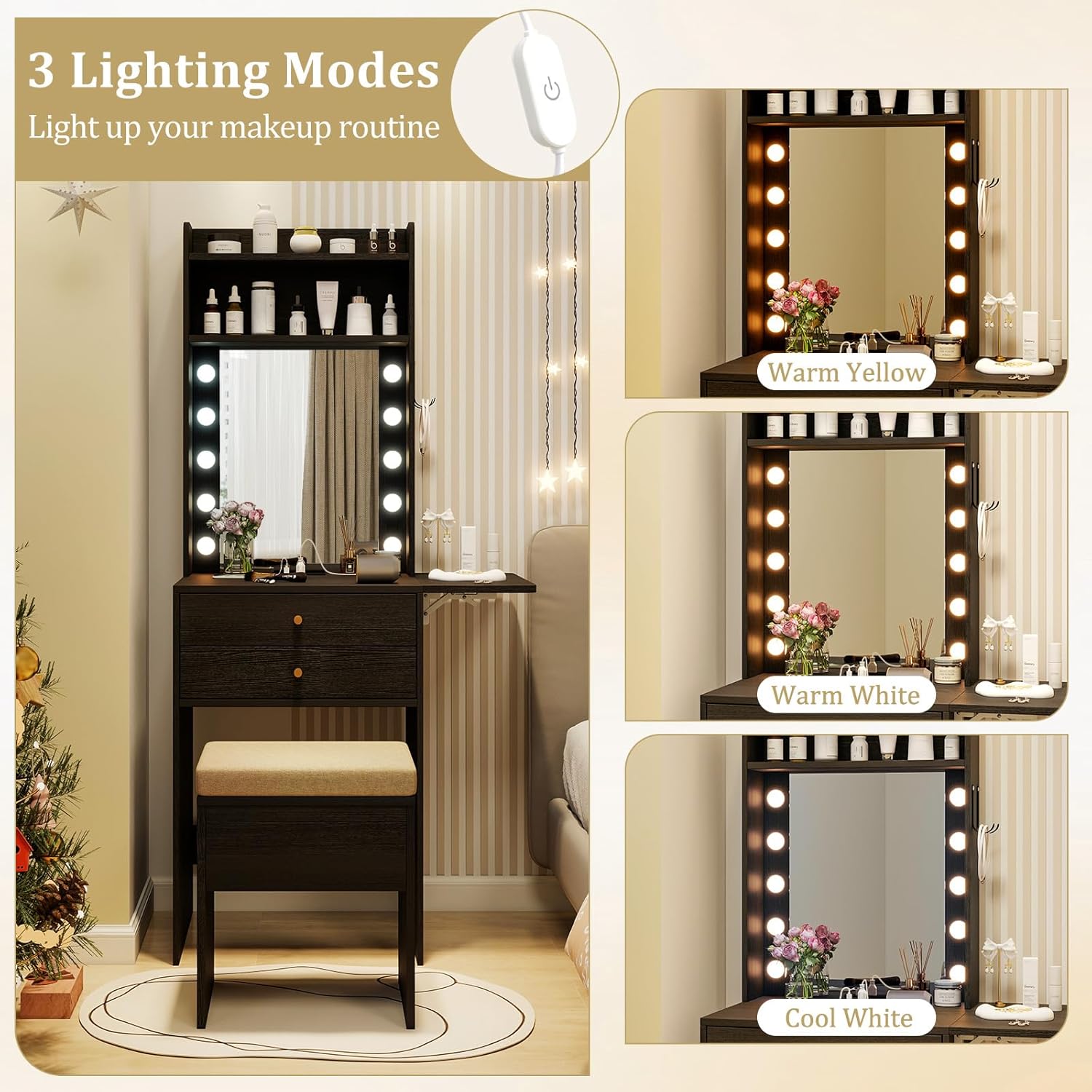 The vanity mirror with LED lights demonstrating three lighting modes: warm yellow, warm white, and cool white.