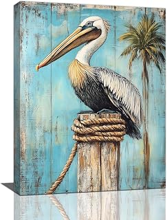 Bathroom Decor Pelican Pictures Wall Art, Rustic Ocean Theme Canvas Wall Art Decor, Plam Painting Artwork Decoration for Bathroom Living Room Bedroom Office Framed and Stretched Ready to Hang 16"L x 12"W