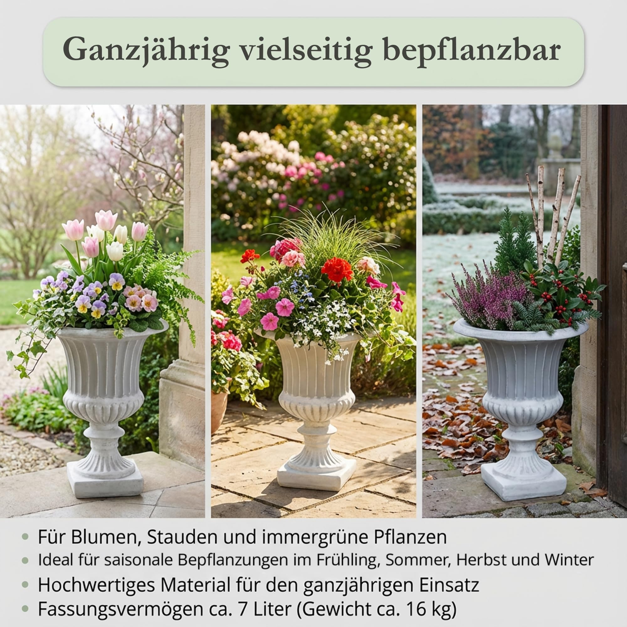 gartendekoparadies.de Blumenkübel aus Steinguss, 46 cm hohes Pflanzgefäß im antiken Look, 7 l, 16 kg, Grau, frostsicher für Außenbereich