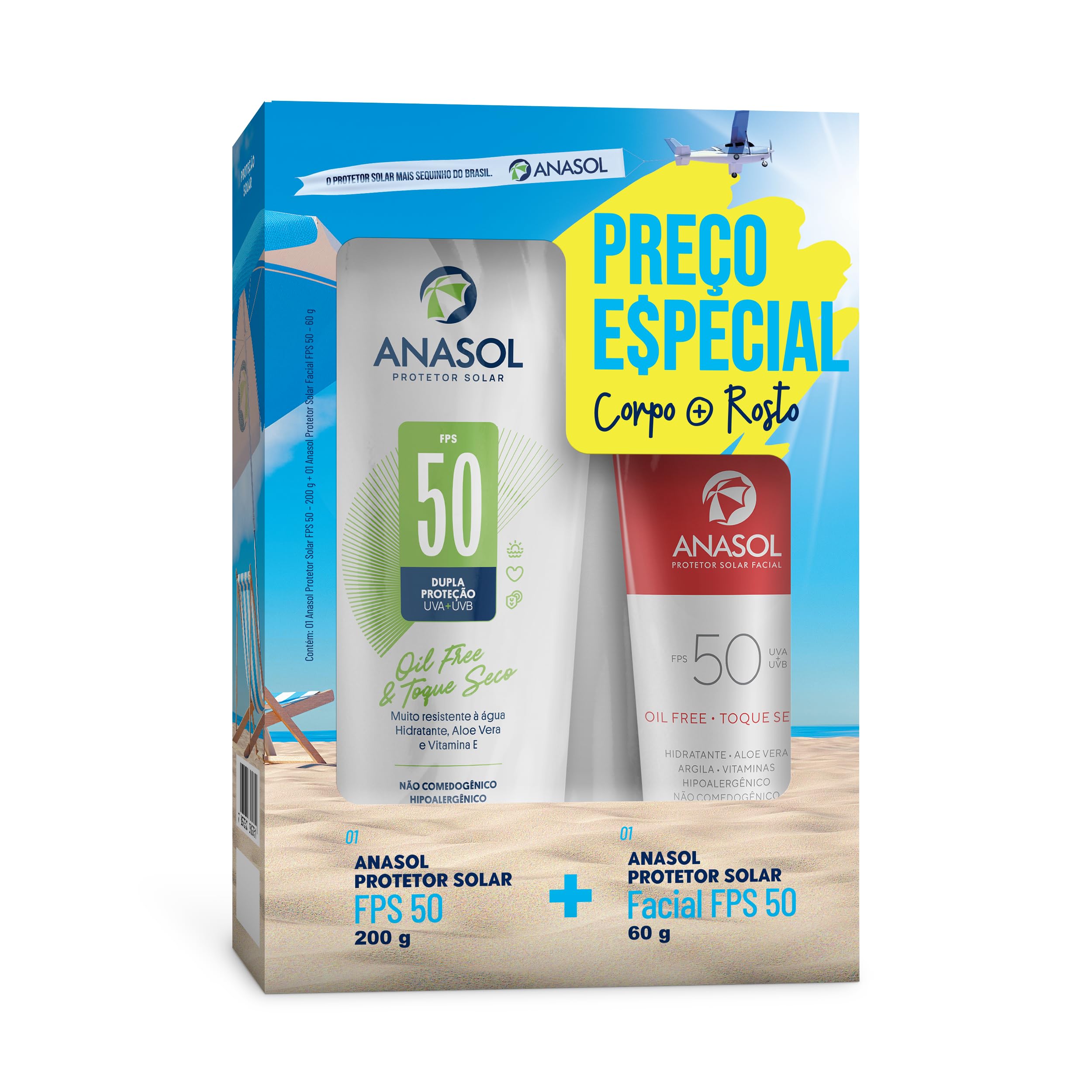 Cuidados Pós-Sol: Hidratação e Regeneração da Pele 5 ANASOLConjunto Fps 50 Facial 60G + Fps 50 Corpo 200G