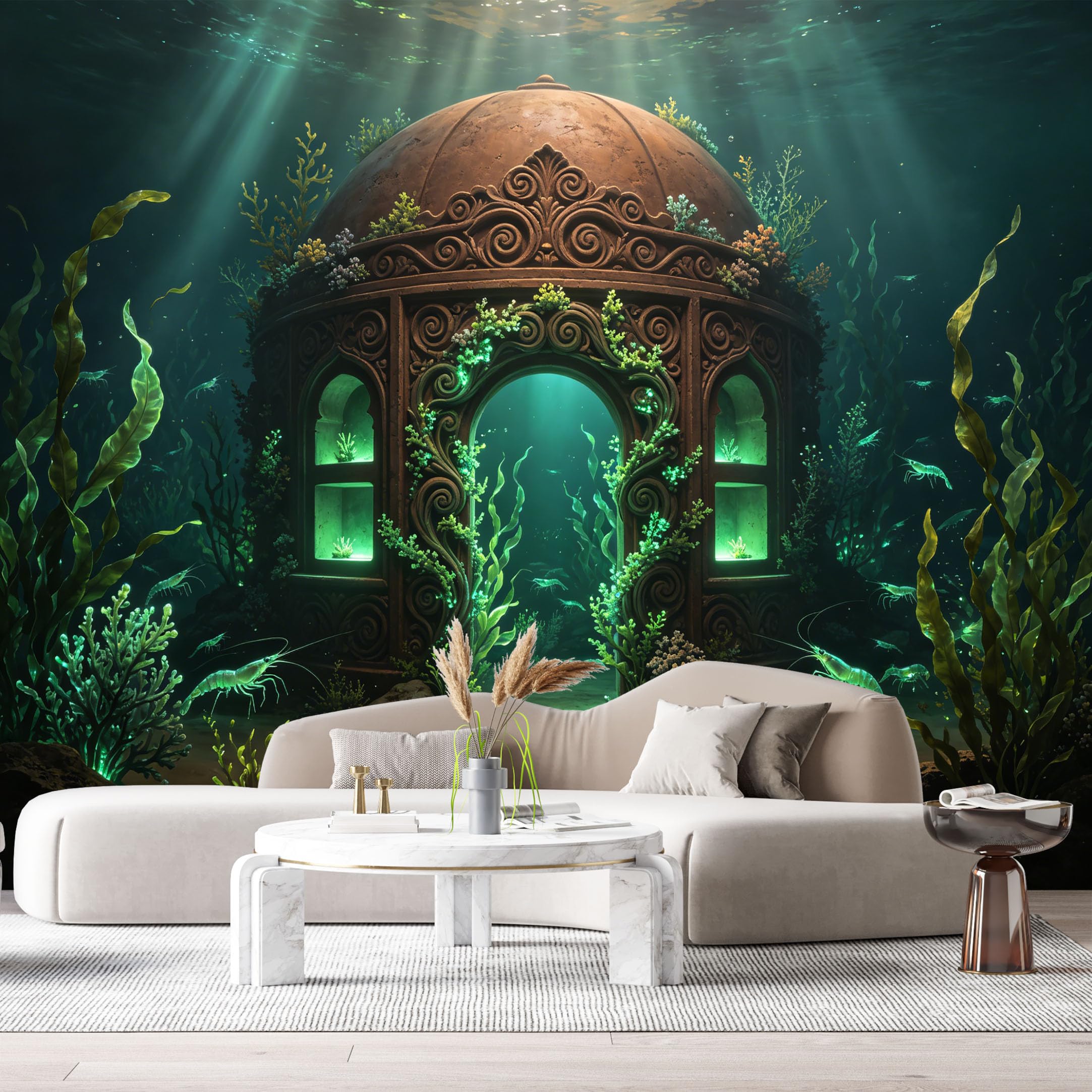 Custom Size Wall Murals Ocean Marine Underwater Scene Gazebo Coral Shrimp Oil Painting 3D Trompe L'Oeil SelfAdhesiveWall Fabric Removable Wallpaper Wall Decor for Living Room Bedroom