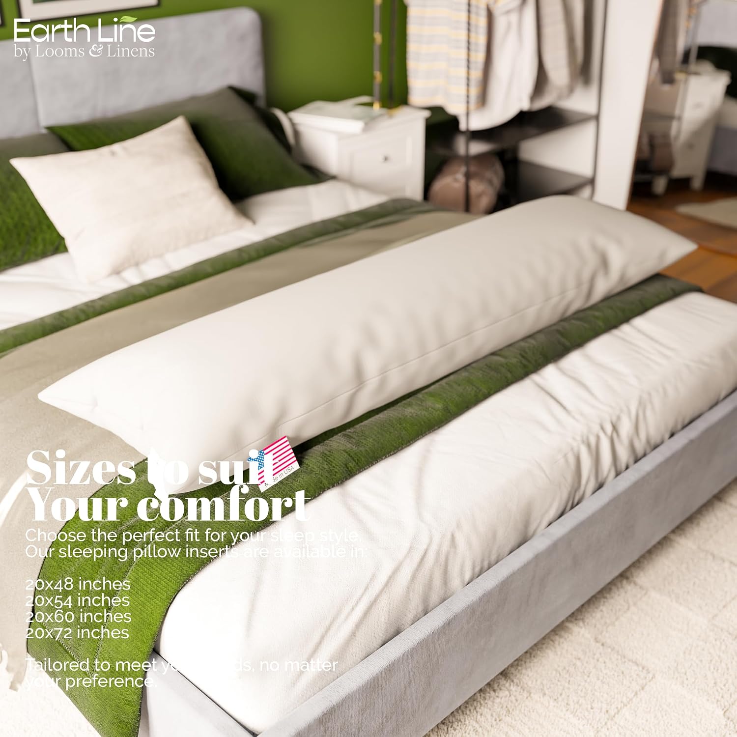Looms & Linens Organic Kapok Stuffing for 20 x 72 inch Long Body Pillow Insert in Cotton Twill Shell-Pack of 1 Made in USA