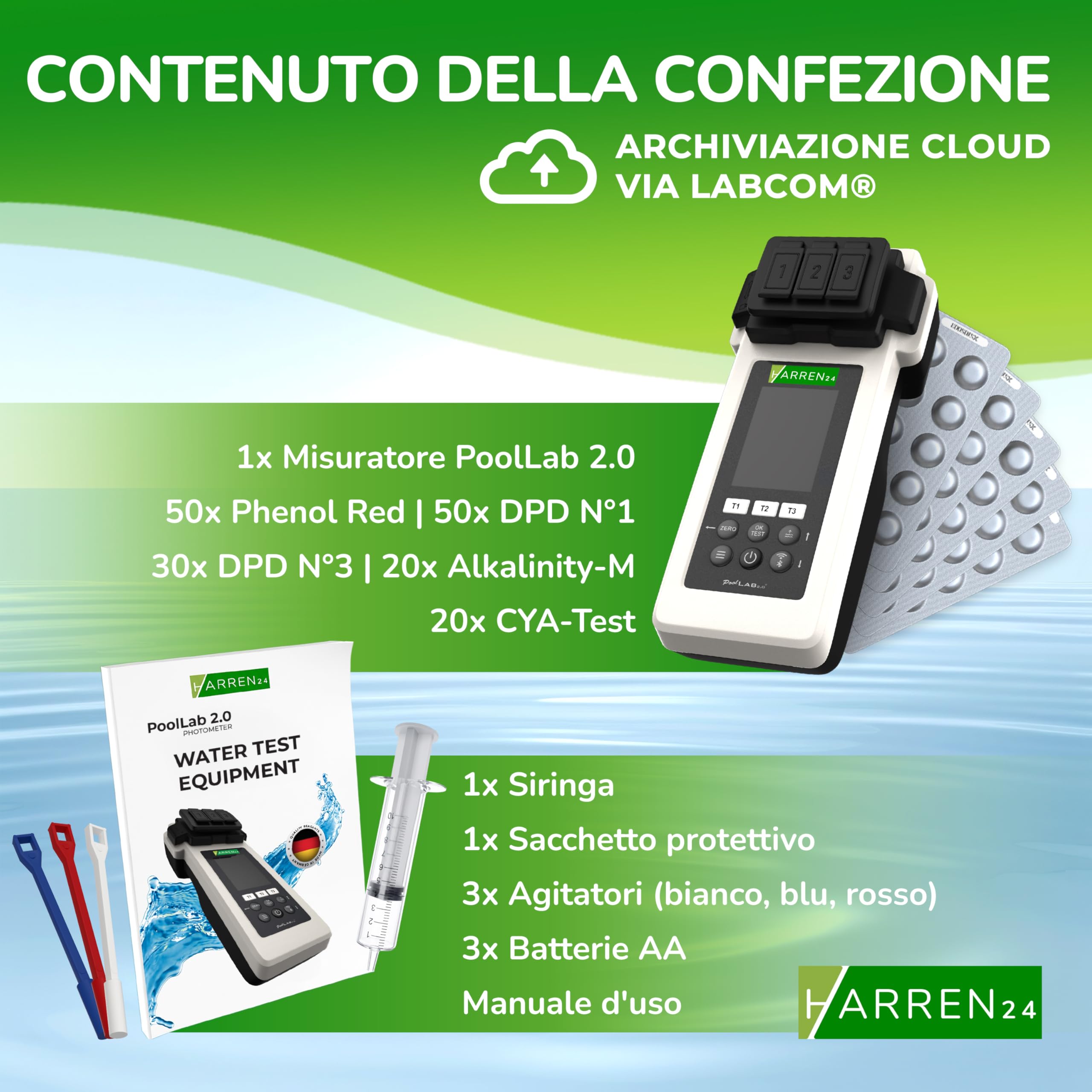 Poollab 2.0 Special Edition, tester elettronico per piscine (fotometro), tester per l'acqua della piscina, 170 compresse per test del pool per cloro, valore pH, rosso fenolo, accessori per