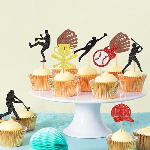 Miniatura 5 de Ercadio Paquete de 24 adornos para cupcakes  Jugadores de béisbol, púas de cupcakes, decoraciones de fiesta para temática deportiva, suministros de
