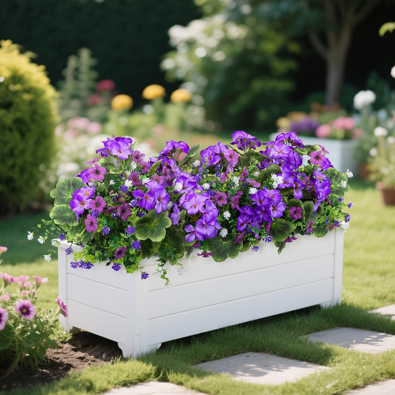 Ouddy Decor 18'' Artificial Geraniums Flowers for Outdoors, 10 Bundles Mixed Fake Silk Flowers Plastic Plants UV Resistant for Summer Garden Porch Patio Planter Kitchen Table Home Decor, Purple