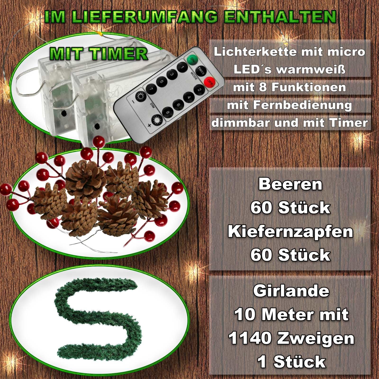 Weihnachtsgirlande Tannengirlande Girlande grün 10 m mit Kieferzapfen + rote Beeren und Led Lichterkette mit Batteriebox und Fernbedienung Girlande Weihnachten Weihnachtsdeko Tannengirlanden