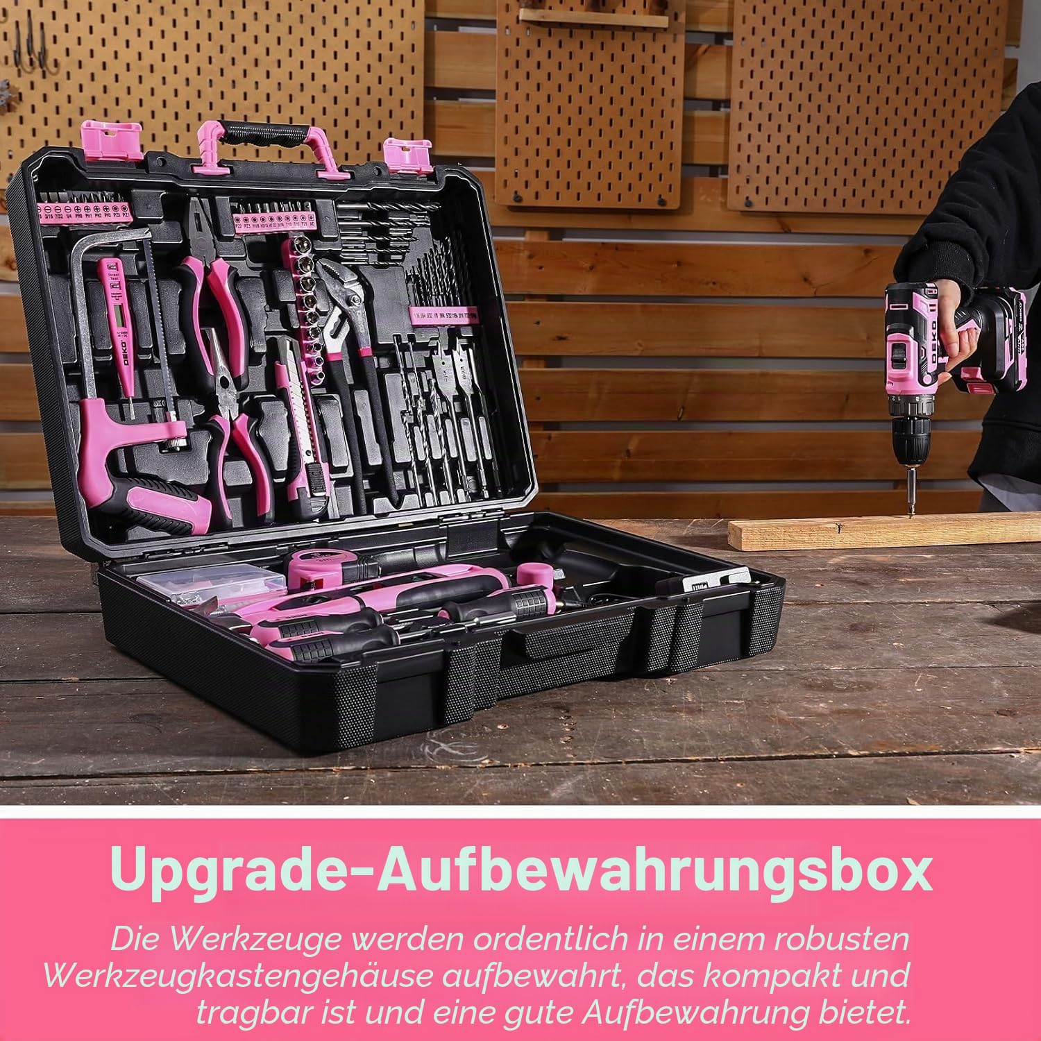 186-Teiliges Werkzeugkoffer mit Akkuschrauber: DEKO Werkzeugkasten mit 20 V Rosa Akkubohrer für Frauen Zuhause Handreparatur Grundlegende Werkzeugsets