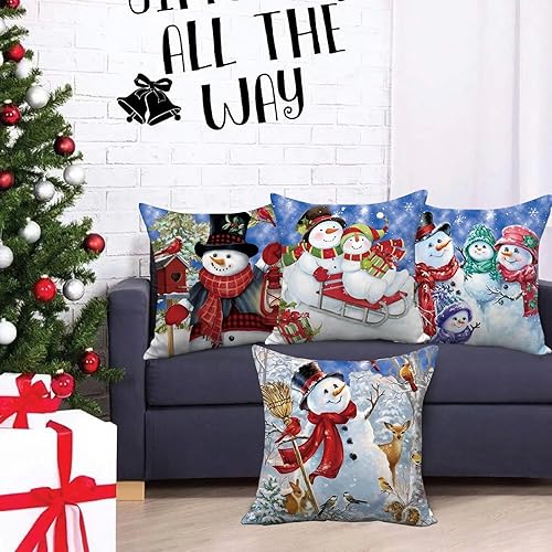 Miniatura 9 de Juego de 4 fundas de almohada de muñeco de nieve de Navidad de 18 x 18 pulgadas, fundas de almohada de terciopelo suave para sala de estar,