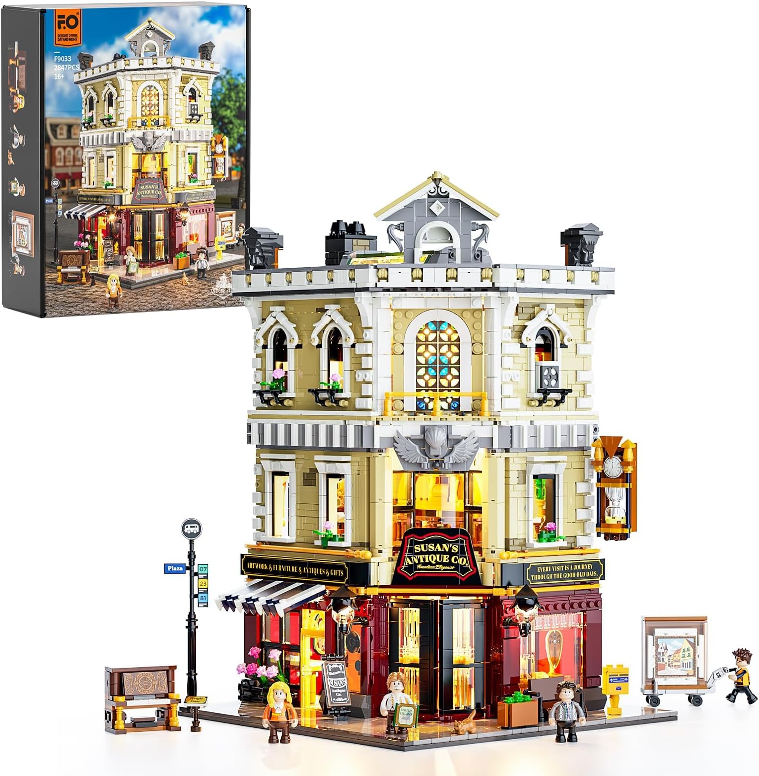 FUNWHOLE Antique Shop Lighting Building Block Set - City Life Corner Shop LED Light Construction Kit Model Set 2847 Pieces for Adults and Teenagers