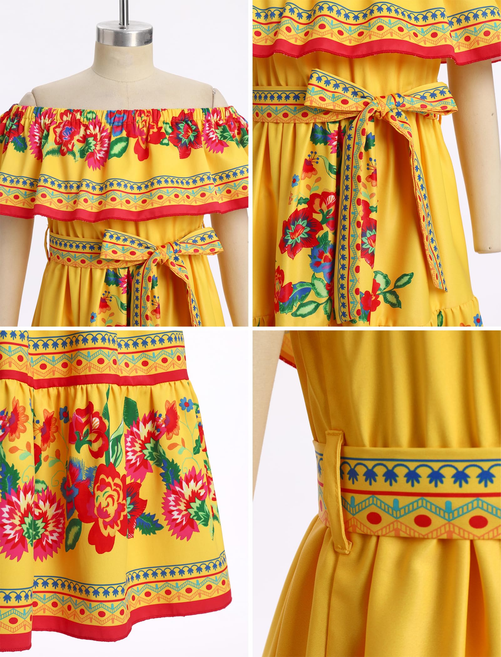 Robe mexicaine pour fille - Robe d'été bohème florale - Épaules dénudées - Traditionnelle Cinco De Mayo Fiesta - Robe folklorique bohème - Robe longue avec ceinture