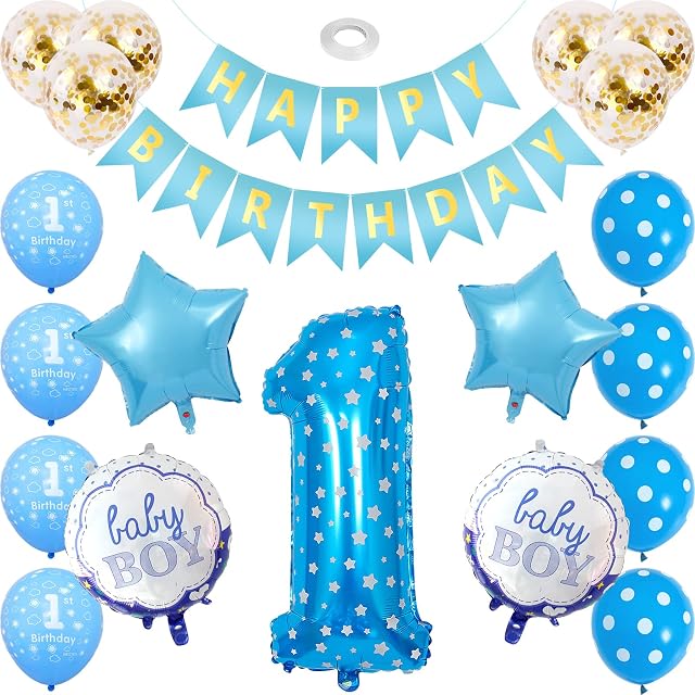 1st Birthday Decorations Boys, Blue Party Balloons Decorations with Happy Birthday Bunting Banner, 1st Foil Balloon for Baby Shower First 1st Birthday Backdrop, 1 One Year Old Birthday Party Supplies