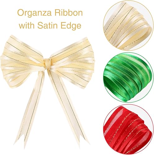 Miniatura 6 de Tatuo Cinta de organza con borde de satén de Navidad de 150 yardas con bordes dorados con purpurina que envuelve la decoración navideña (rojo, verde