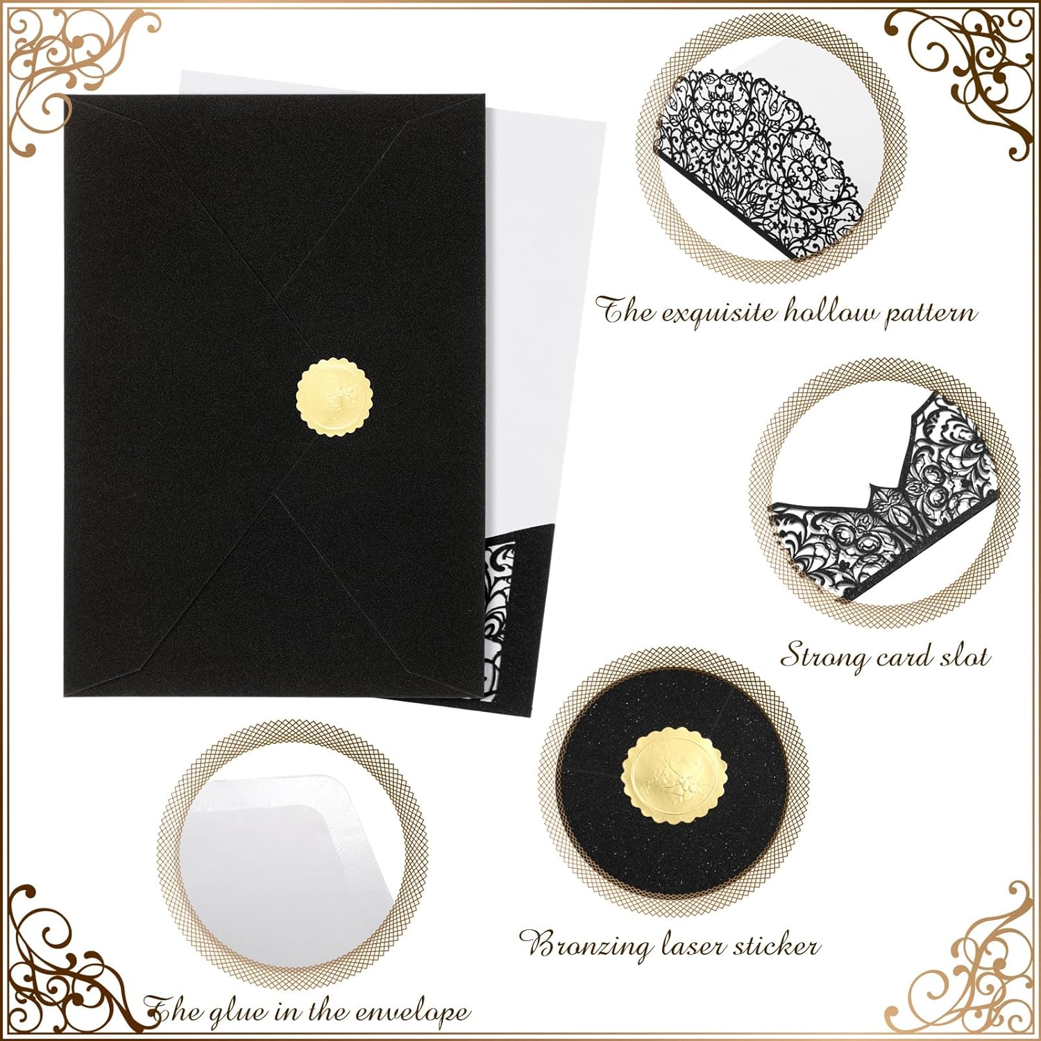 PerKoop 100 Set 5 x 7 Laser Cut Wedding Invitation with Envelopes and Wax Seal Stickers Blank Pocket Invitation Cards Kit for Wedding Bridal Shower Engagement Invite(Black)