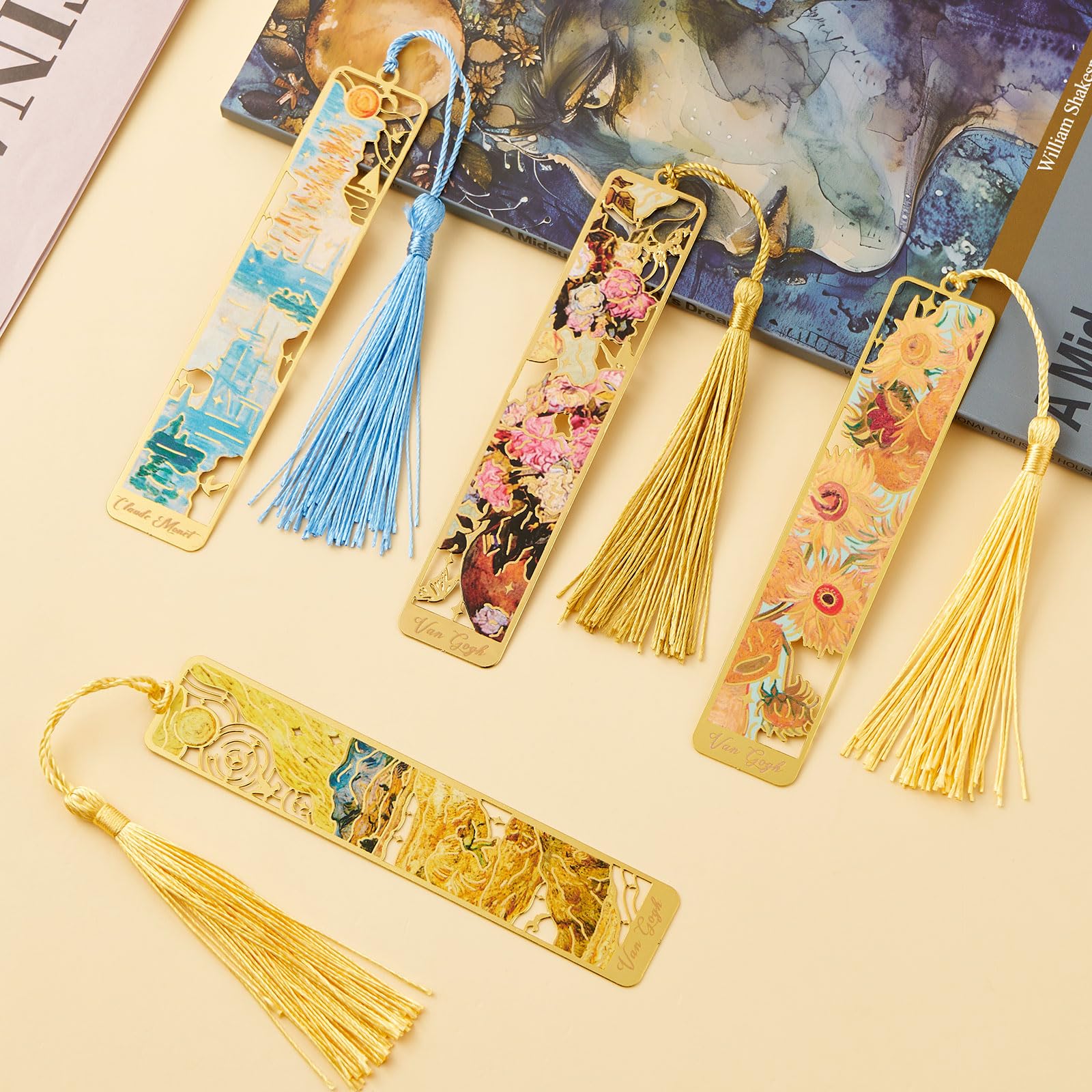 ZOUIQSS Metal Bookmarks with Tassel Golden Hollow Bookmark Van Gogh Oil Painting Theme Book Mark Bookmarks for Book Lovers Writers Readers Men Women,4 Pieces,Style5